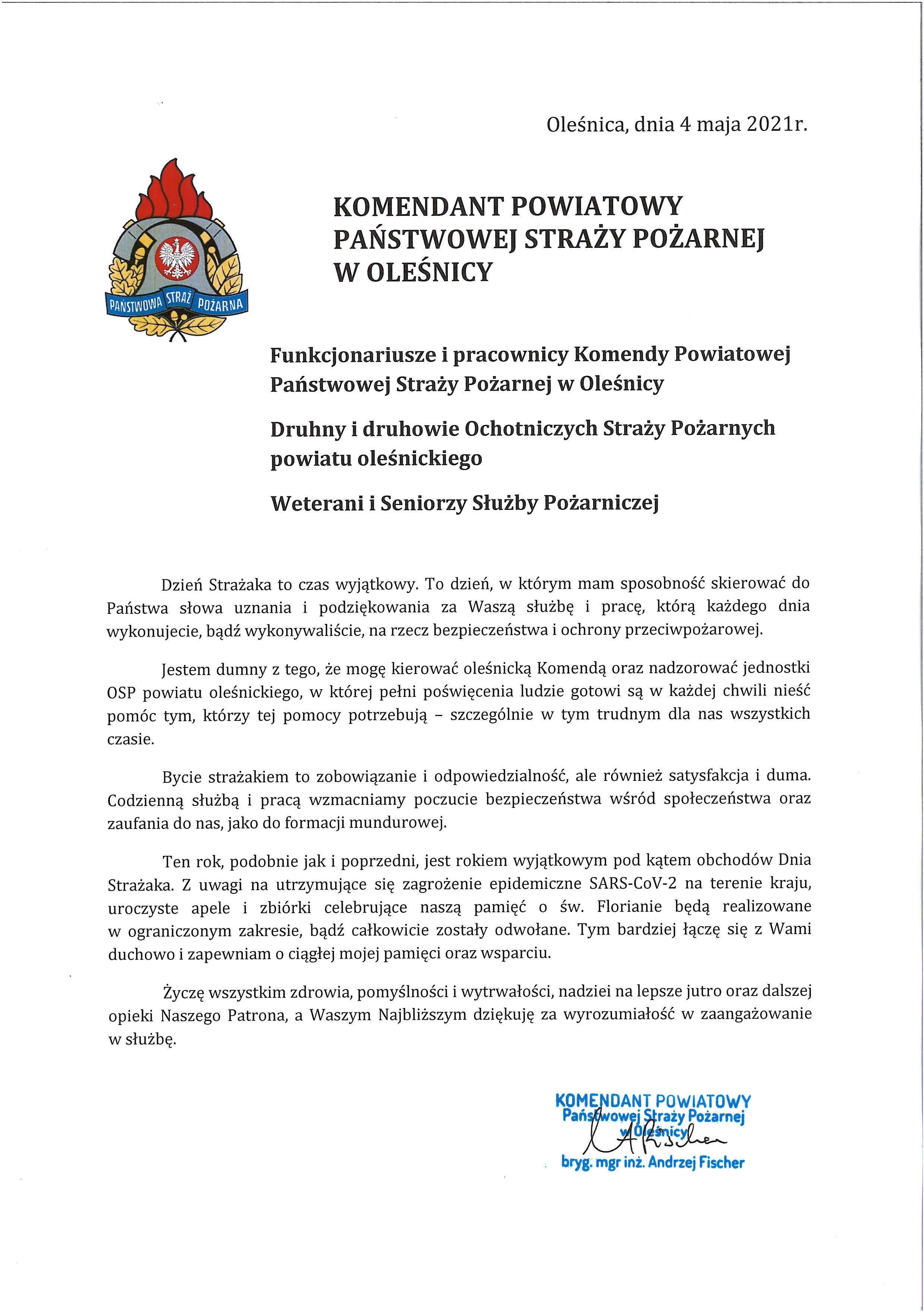 Życzenia z okazji Dnia Strażaka