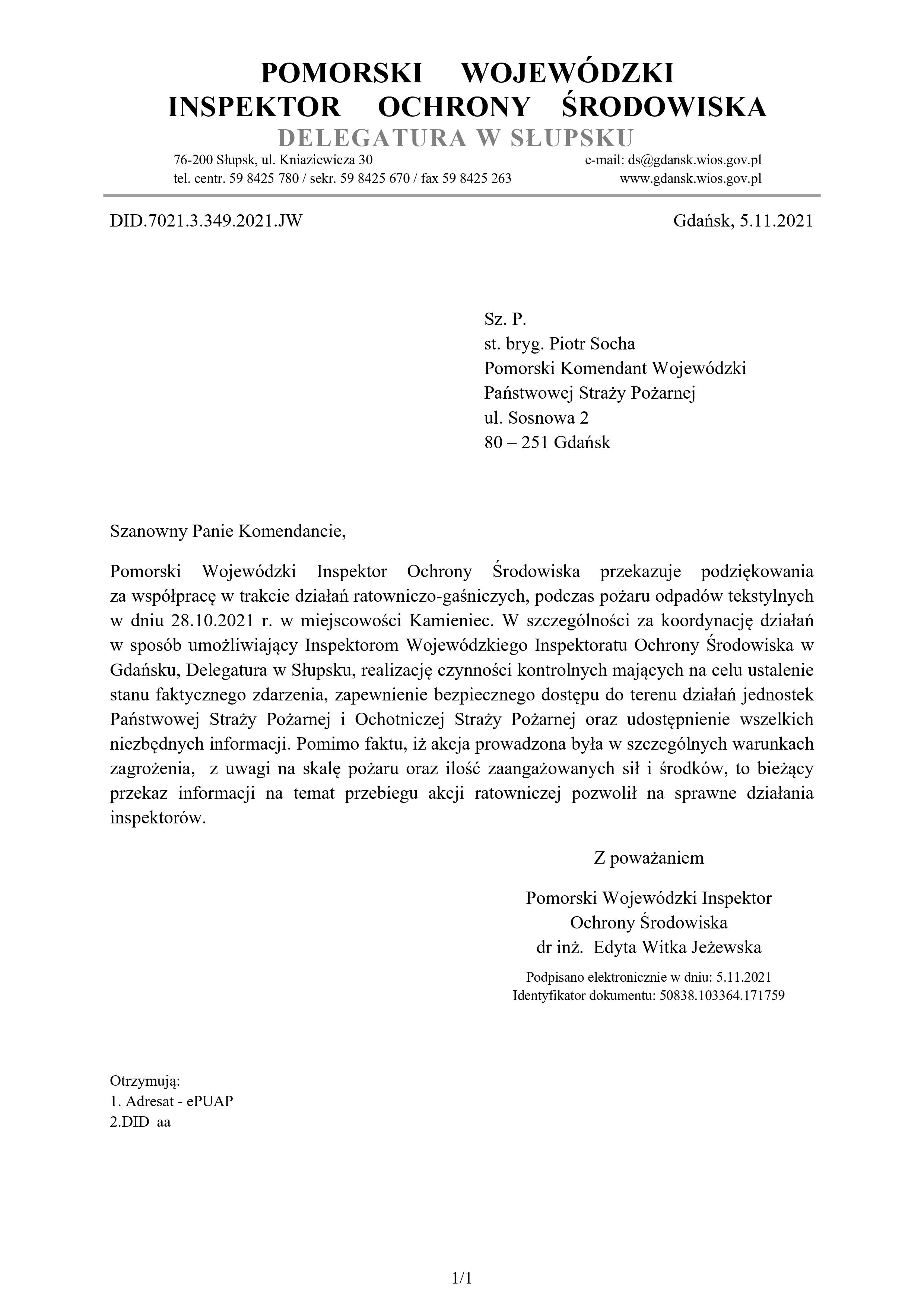 Podziękowania Pomorskiego Wojewódzkiego Inspektora Ochrony Środowiska