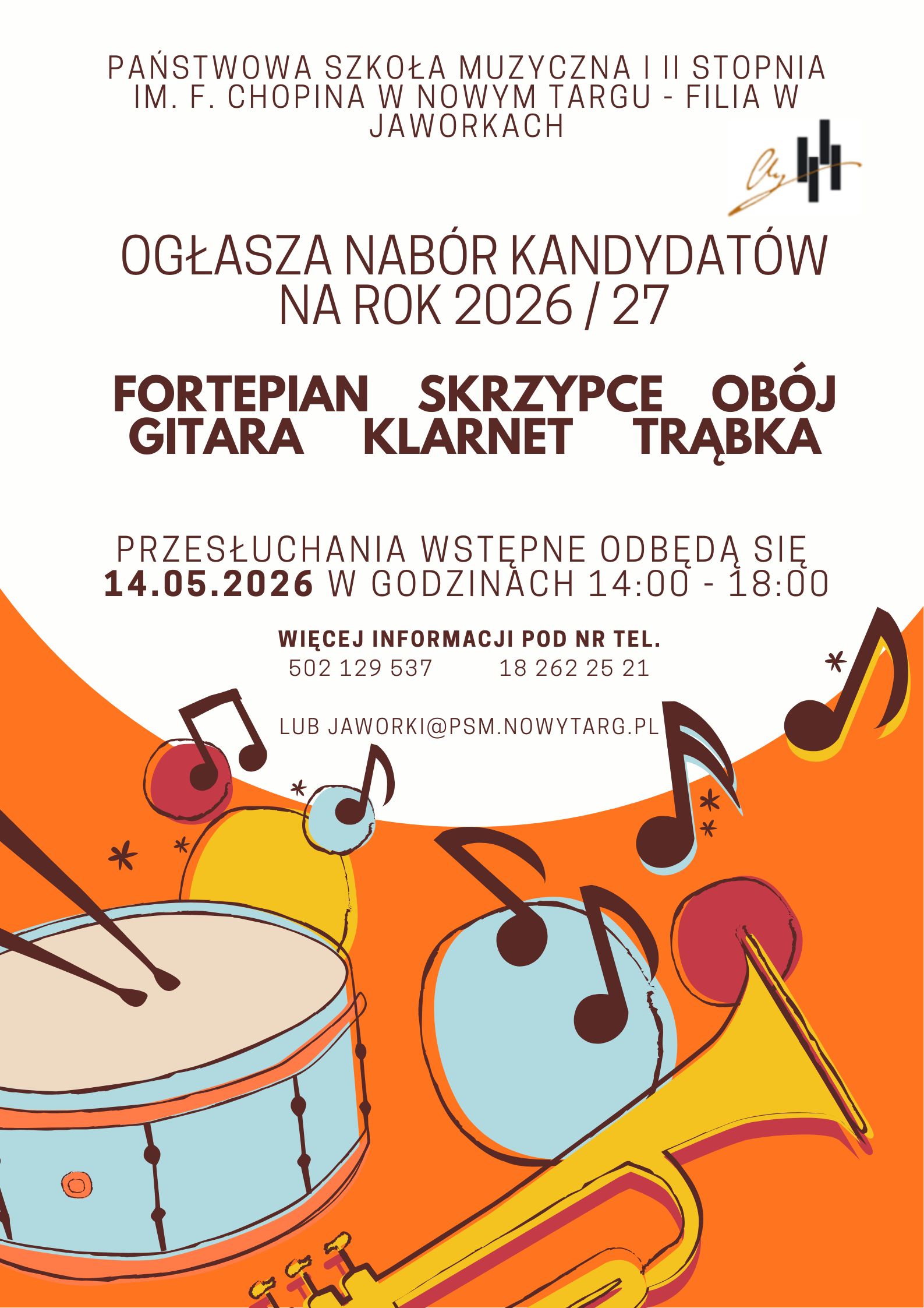 Plakat zachęca żywą, ciepłą kolorystyką i radosną grafiką, która od razu przywodzi na myśl energię płynącą z muzyki. Dominujący kolor pomarańczowy w dolnej części grafiki, ozdobiony ilustracjami bębna, trąbki oraz roztańczonych nut, tworzy przyjazną atmosferę – idealną dla młodych artystów stawiających swoje pierwsze kroki w świecie dźwięków.