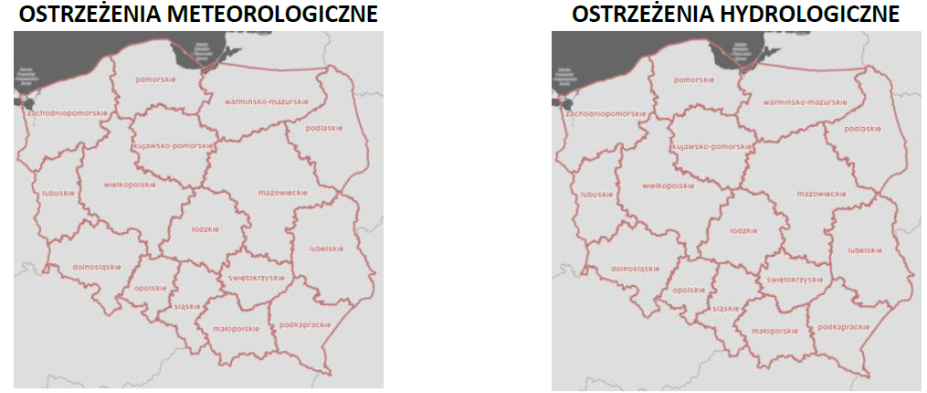 Ostrzeżenia meteorologiczne i hydrologiczne z podziałem na województwa - 18 grudnia 2025. Kolor czerwony dla ostrzeżeń 3 stopnia, pomarańczowy dla 2 stopnia, żółty dla 1 stopnia, szary dla suszy, biały brak ostrzeżeń. 