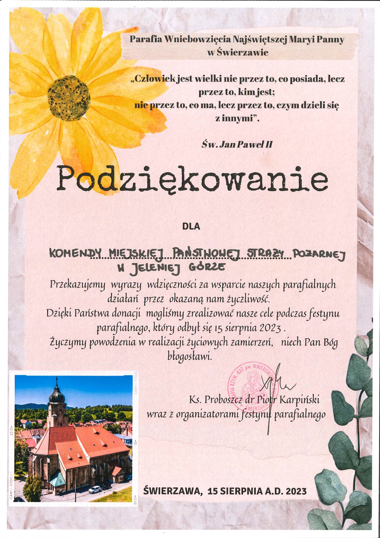 Podziękowania Parafia WNMP w Świerzawie