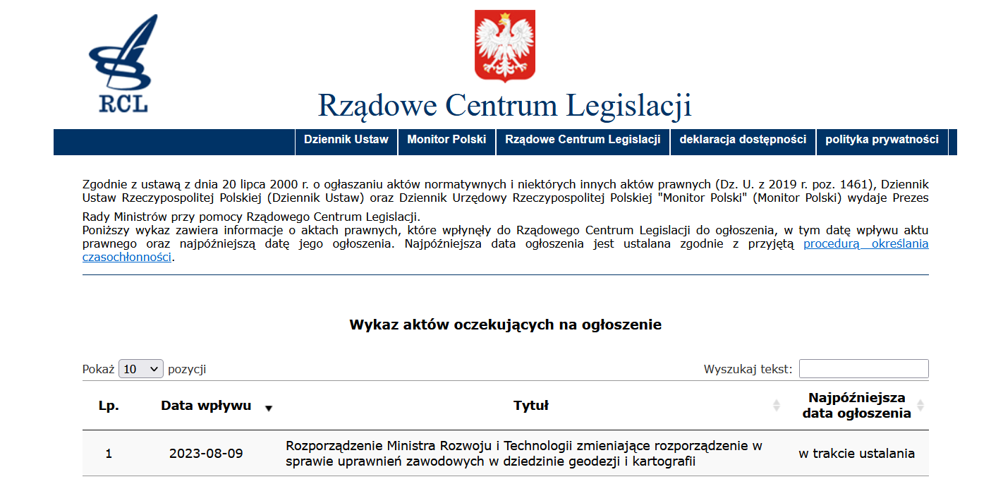 Zrzut ekranu ze strony Rządowego Centrum Legislacji