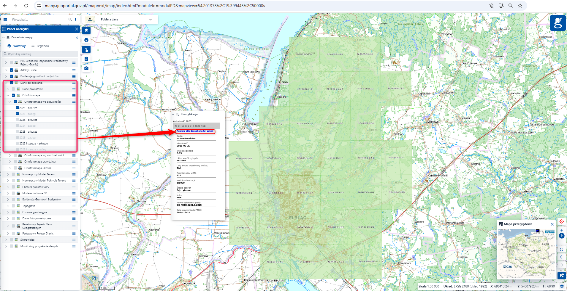 Ilustracja przedstawia zrzut ekranu w jaki sposób pobrać arkusze ortofotomapy z geoportal.gov.pl