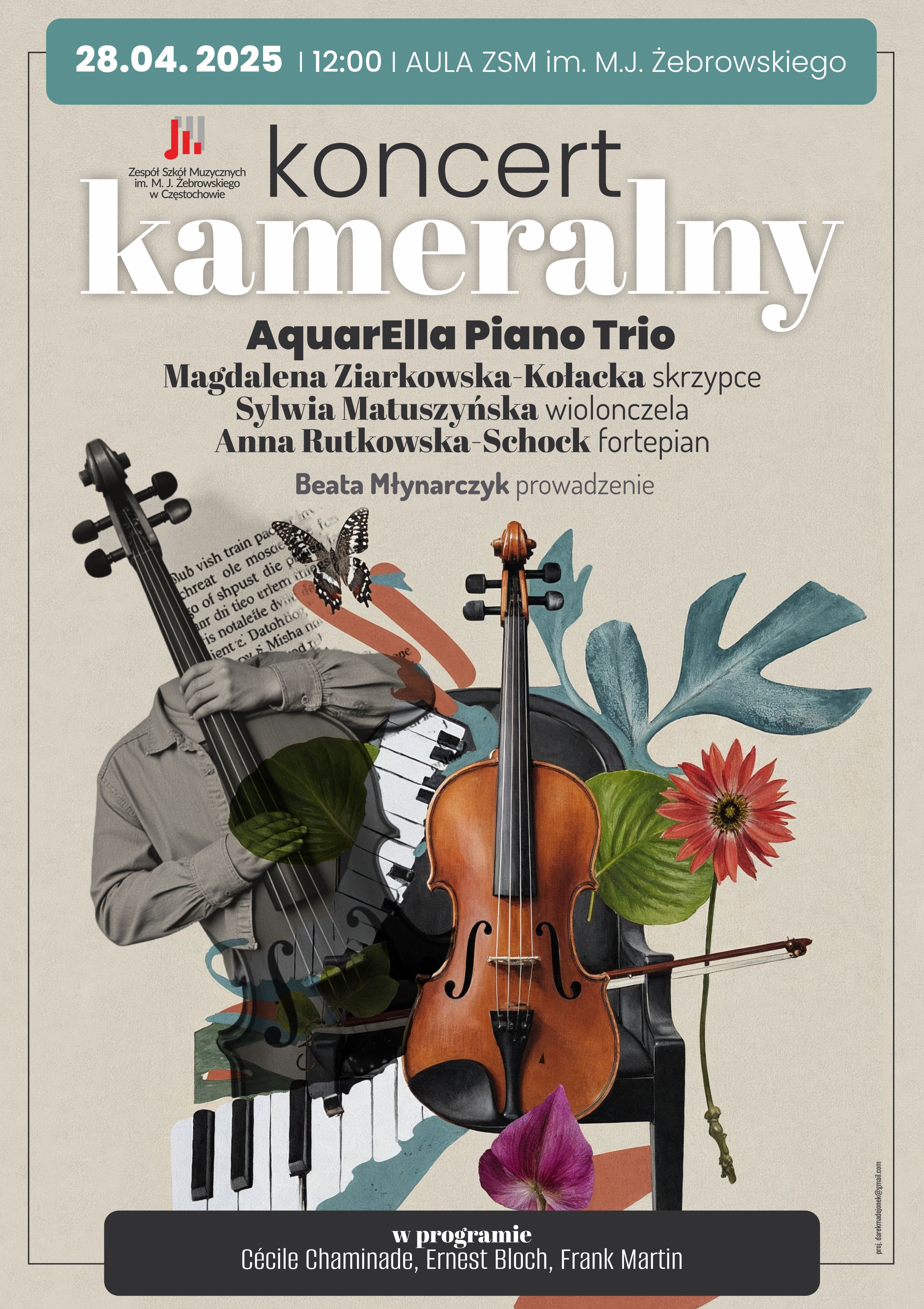 Beżowe tło z kolorowa grafiką instrumentów i roślin, po lewej logo szkoły, tekst dotyczący koncertu kameralnego 28 kwietnia 2025 r. o godz. 12.00 w Auli ZSM