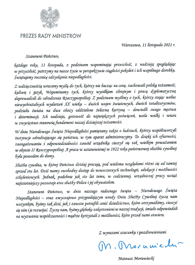 Życzenia Prezesa Rady Ministrów z okazji Dnia Niepodległości oraz Dnia Służby Cywilnej