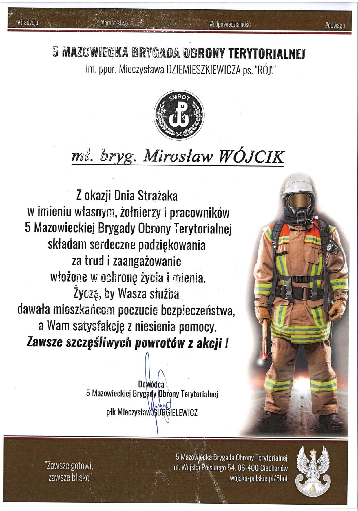 Życzenia 5 Mazowieckiej Brygady Obrony Terytorialnej z okazji Dnia Strażaka