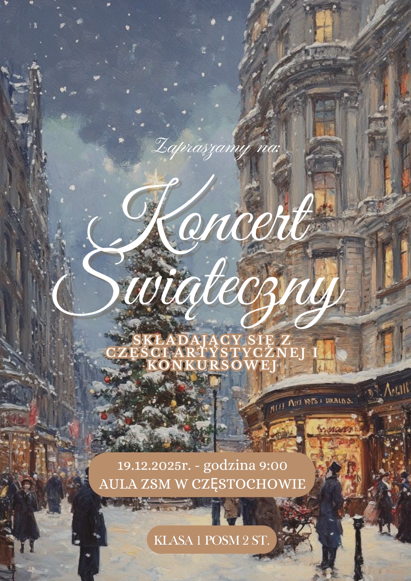Tło grafika krajobraz zimowy, tekst dotyczący koncertu i konkursu kolęd, 19 grudnia 2025 r. o godz., 9.00