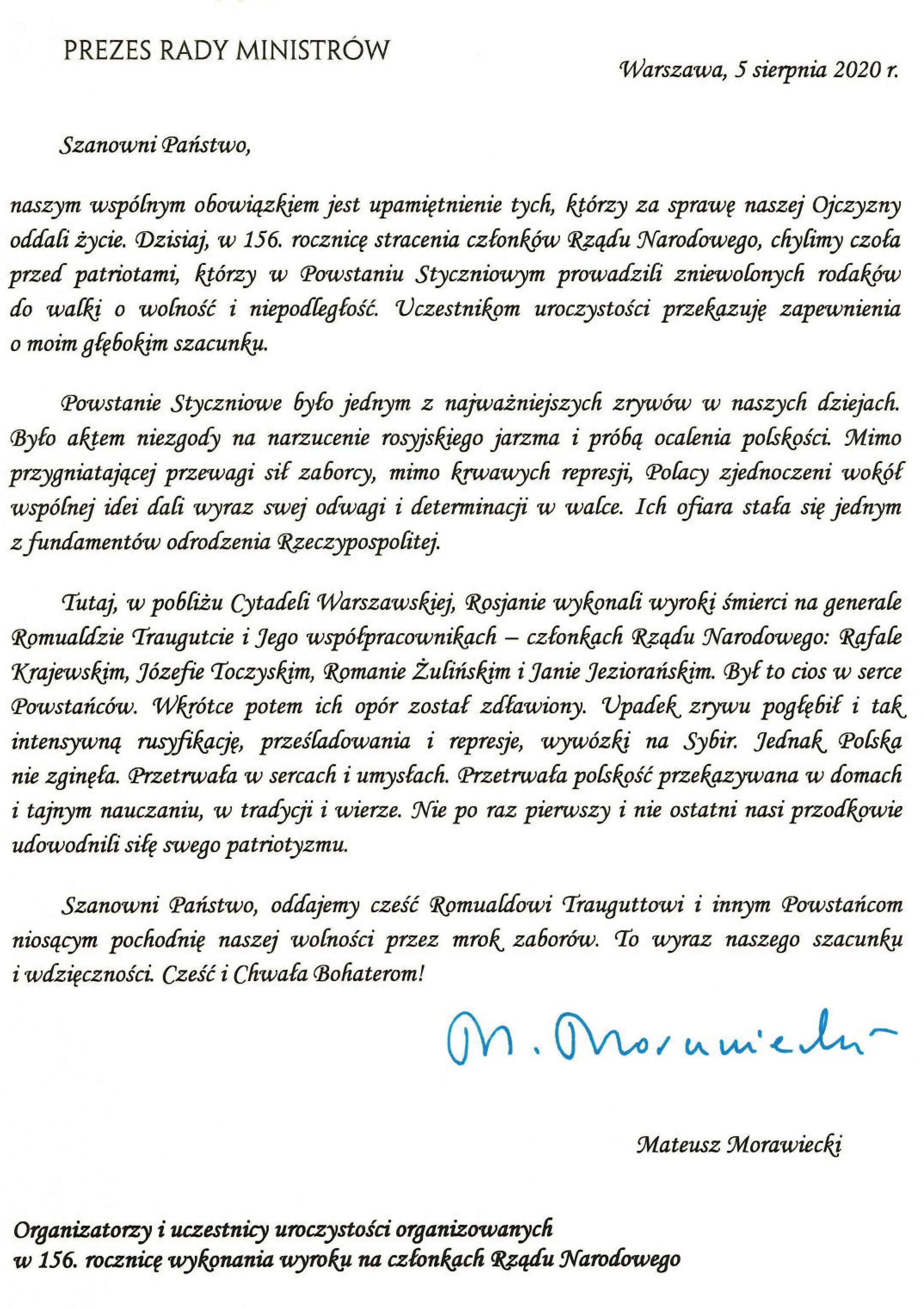 List Prezesa Rady Ministrów skierowany do uczestników uroczystości obchodów 156. rocznicy stracenia członków Rządu Narodowego