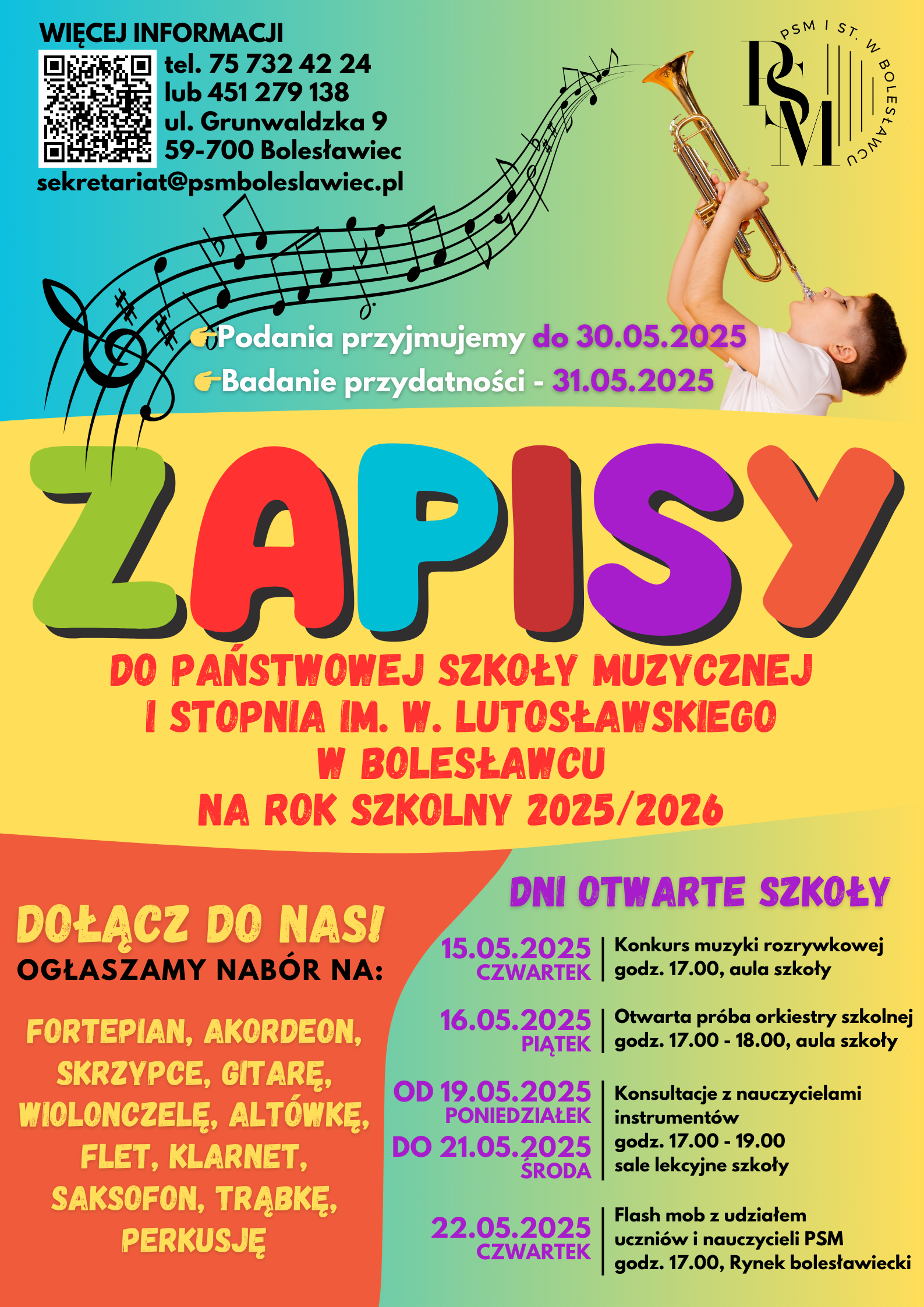 Plakat przedstawiający informacje o zapisach do szkoły na rok szkolny 2025/2026.