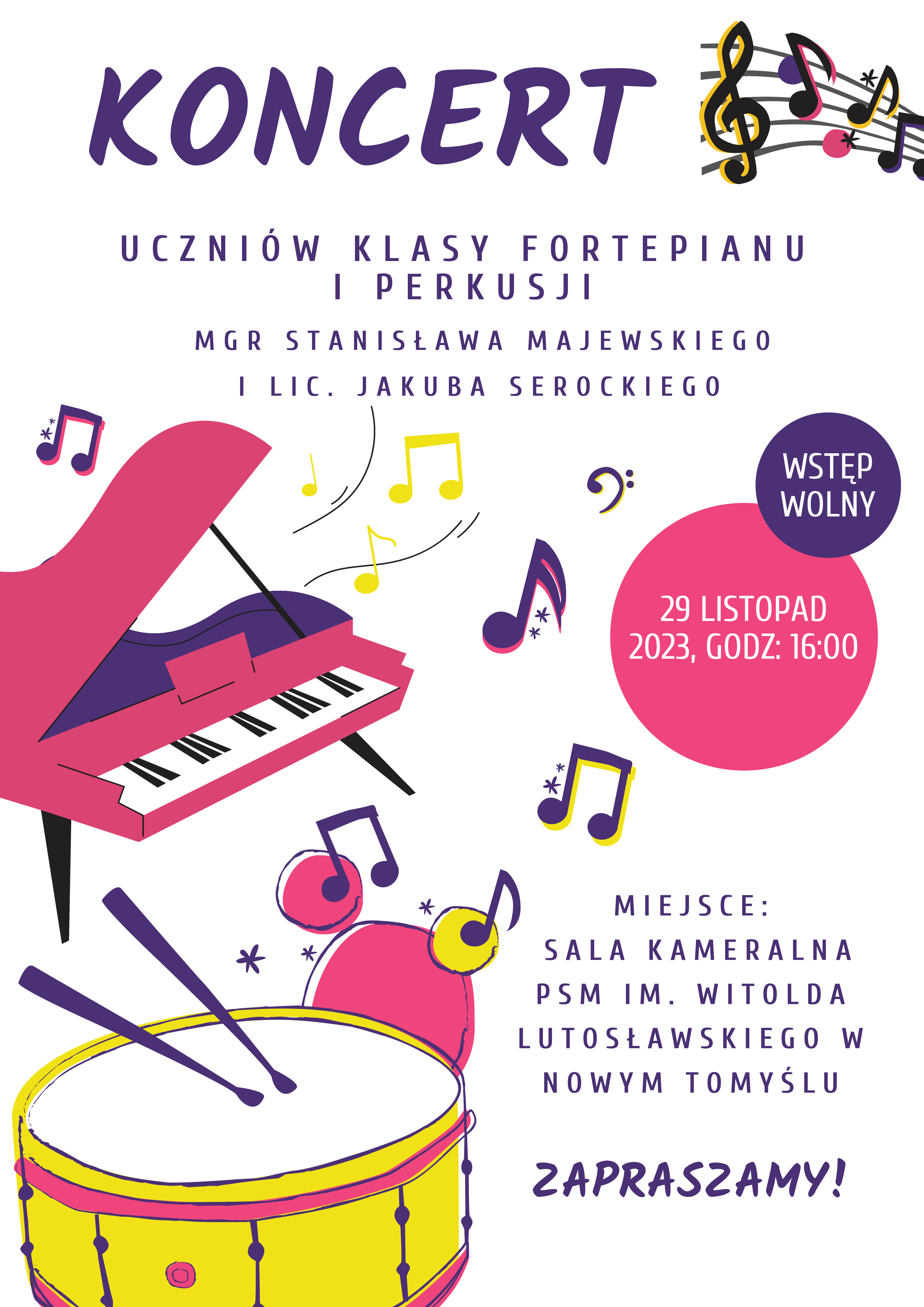 Plakat - koncert uczniów fortepianu i perkusji