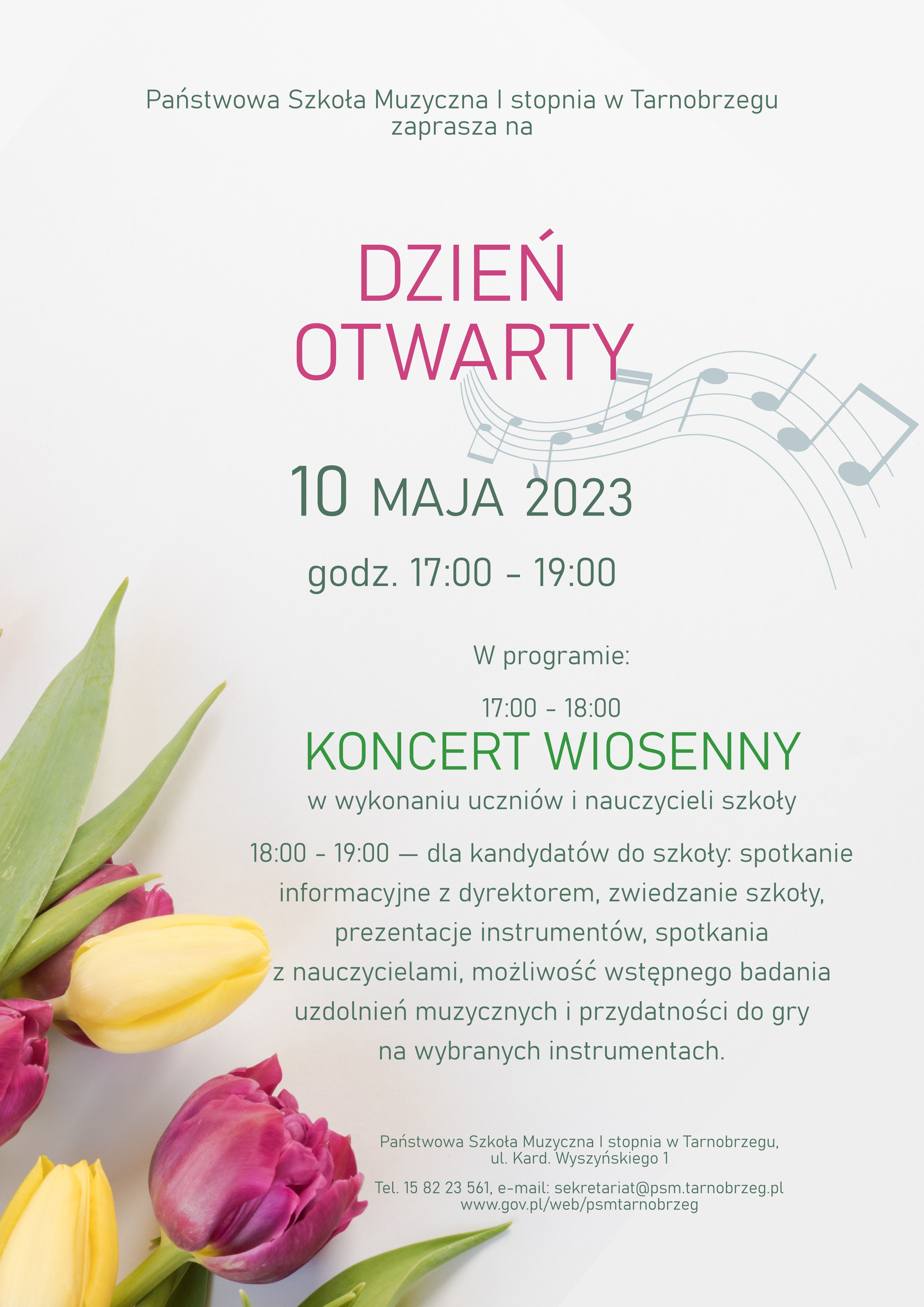 Plakat dnia otwartego. W lewym dolnym rogu czerwone i żółte tulipany. Na górze widoczna pięciolinia z nutami. Całość na jasnym tle.