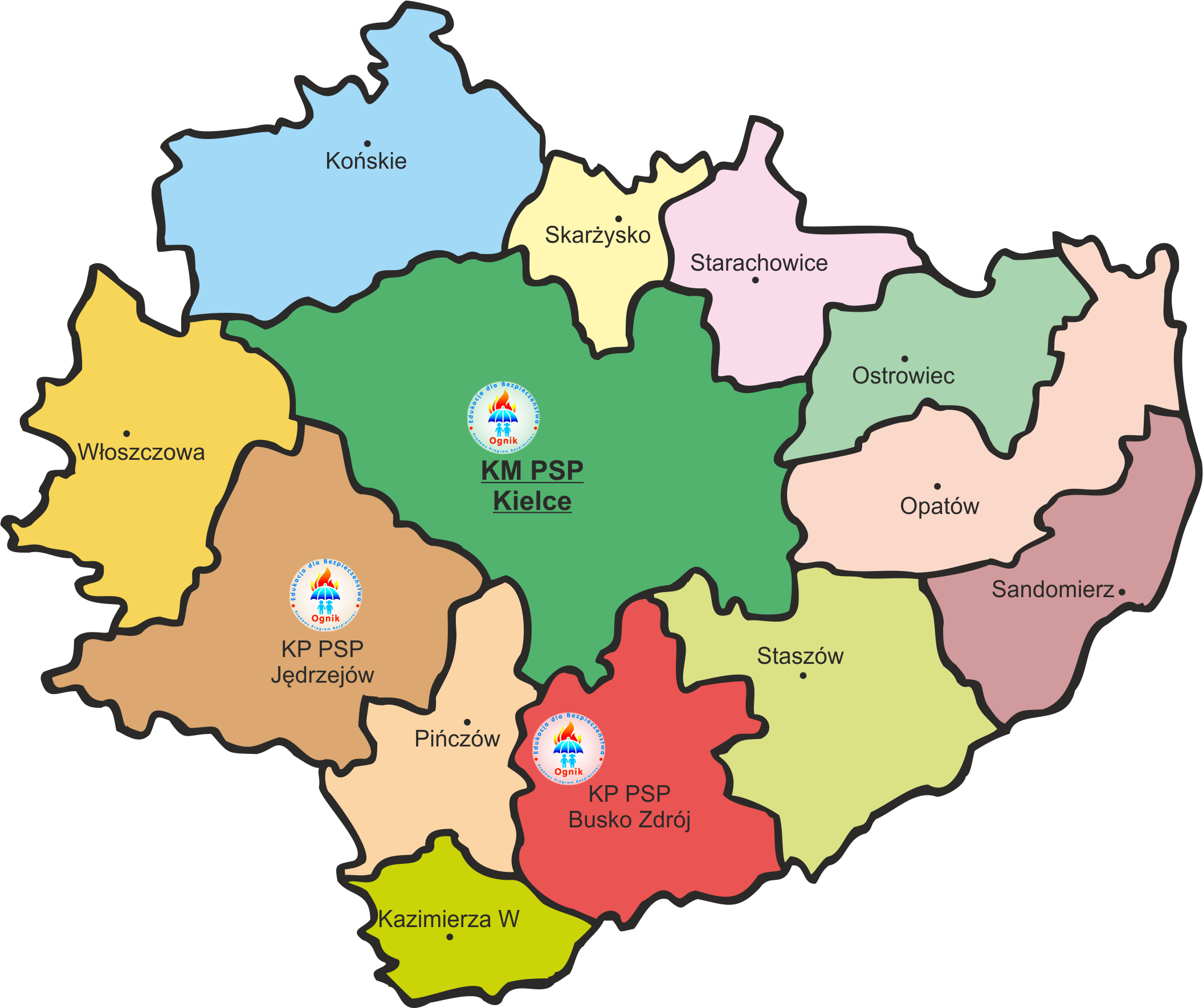 Mapa województwa świętokrzyskiego z naniesionymi lokalizacjami sal "Ognik"
