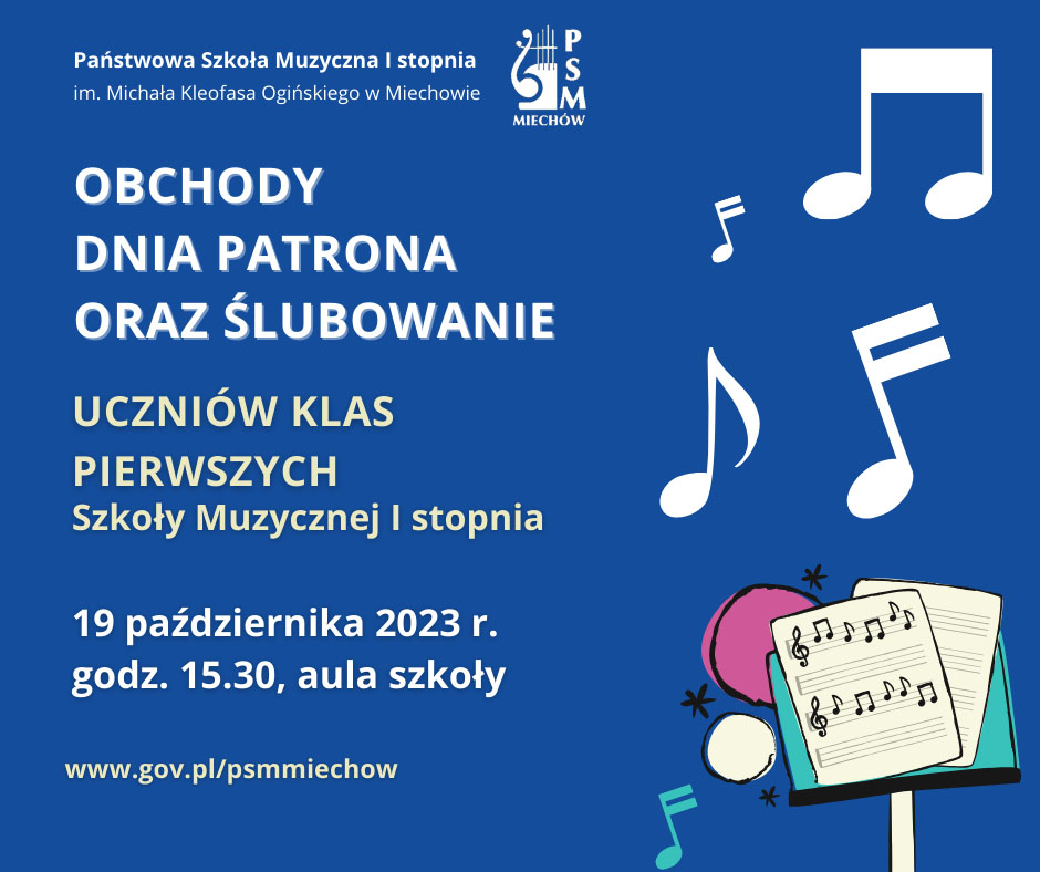 Grafika przedstawia informacje na temat terminu ślubowania klas pierwszych. Tekst oraz grafika jest na niebieskim tle