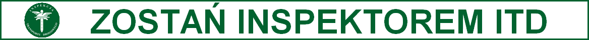 Zielony napis 'Zostań inspektorem ITD' na białym tle, z logiem ITD. Wokół zielona ramka