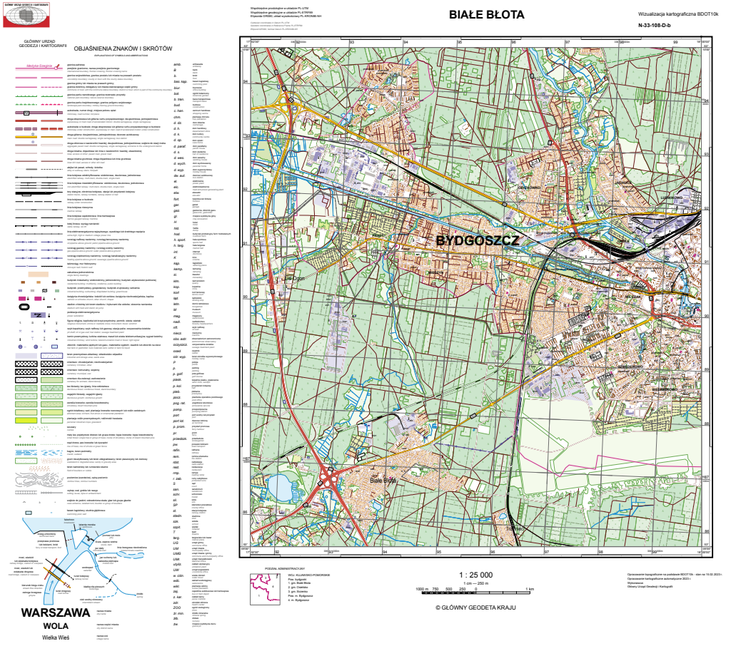 przykładowa wizualizacja kartograficzna BDOT10k w skali 1:25000 dla m. Bydgoszcz.