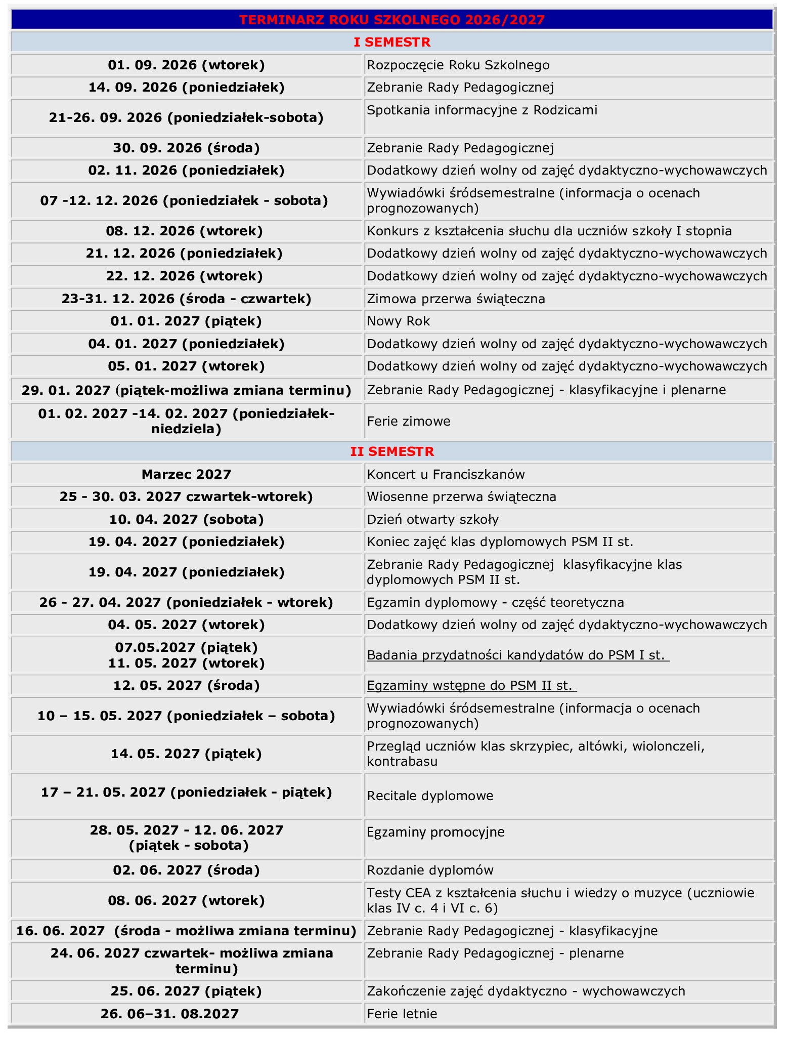 Terminarz Roku Szkolnego