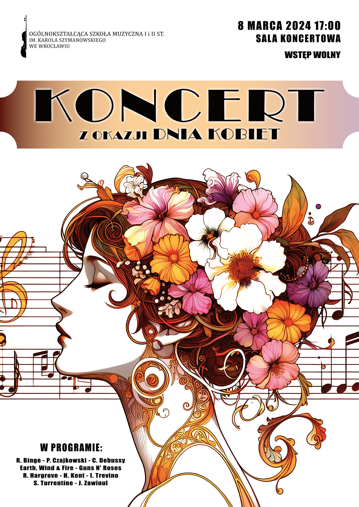 plakat zapowiadający Koncert z okazji Dnia Kobiet, zawierający grafikę stylizowanej głowy kobiety w wianku na pięciolinii