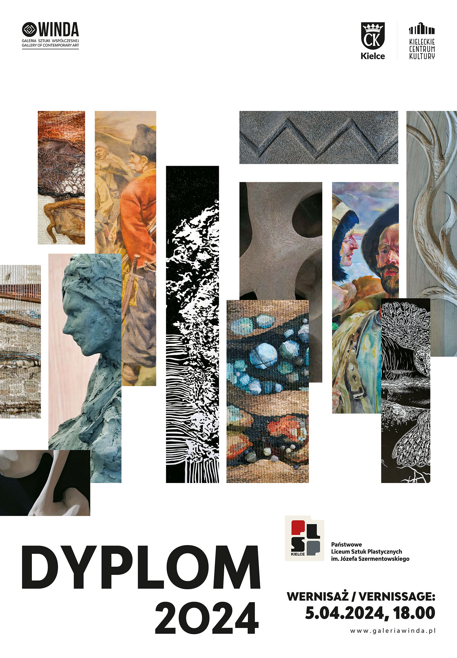 plakat przestawia częściowo prace uczniów a pod pracami jest napis w kolorze czarnym, który brzmi: DYPLOM 2024 wernisaż 5.04.2024, 18.00, jest też logo kieleckiego plastyka składające się z liter PLSP w kolorze: P - czerwonym, L i S - czarnym i P - szarym