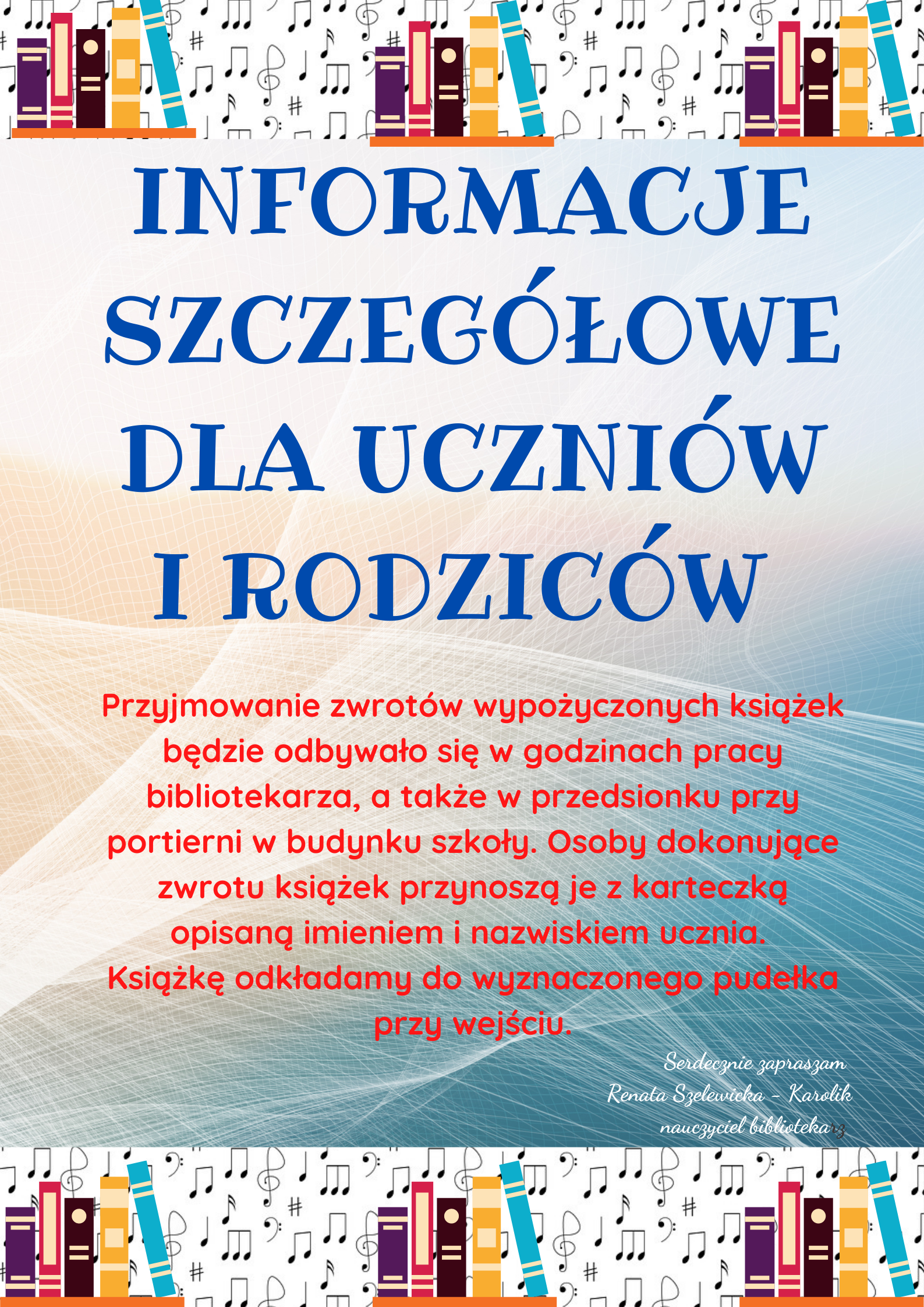 plakat z informacjami na temat zwrotów książek