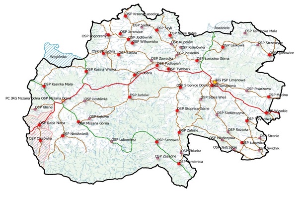 Rycina nr 1 – lokalizacja jednostek ochrony przeciwpożarowej na terenie powiatu (kolorem czerwonym zaznaczono podmioty KSRG)