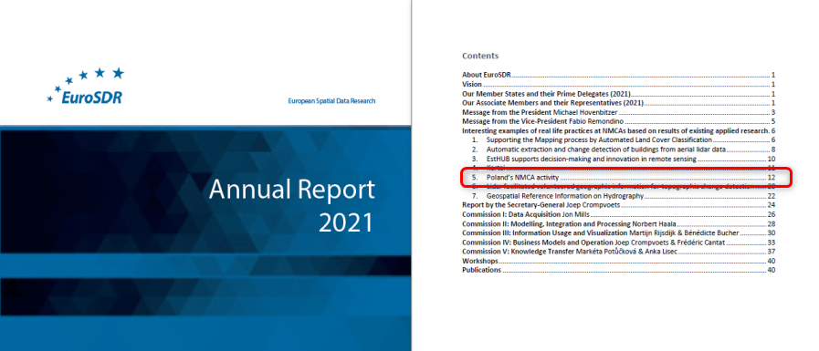 Zrzut przedstawia okładkę i spis treści Rocznego Rapory EuroSDR 