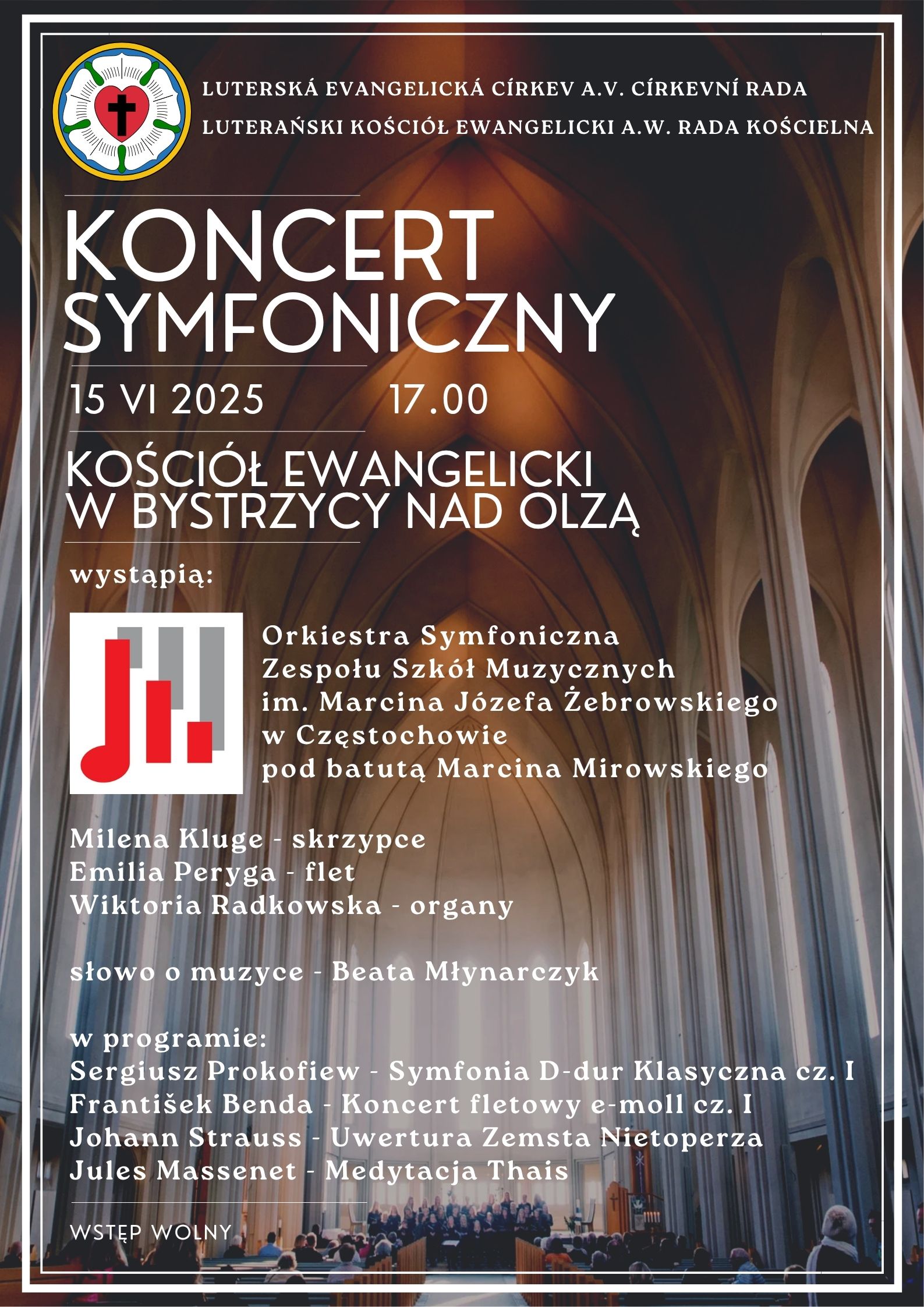 Tło zdjęcie wnętrza kościoła, tekst dotyczący koncertu symfonicznego uczniów ZSM w Bystrzycy nad Olzą
