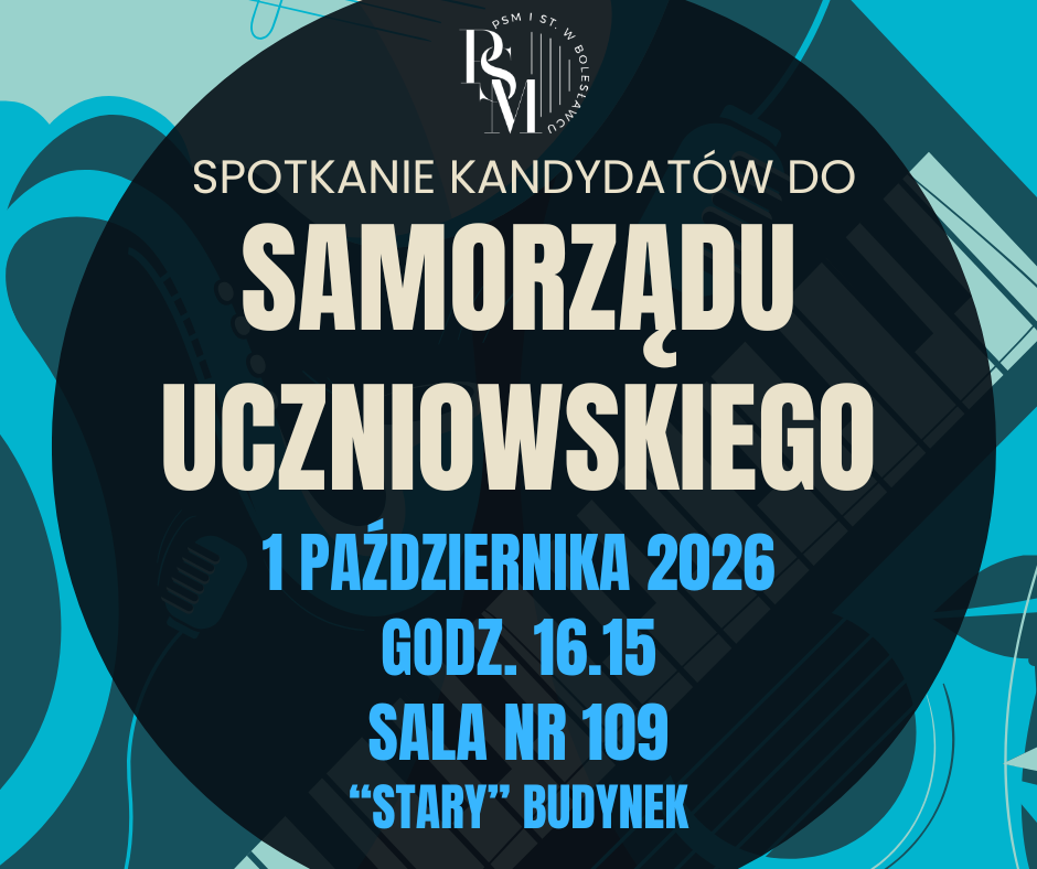 Grafika na tle rysunkowej klawiatury fortepianowej przedstawiająca na środku duże napisy o treści: "Spotkanie kandydatów do Samorządu Uczniowskiego, 1 października 2026, godz. 16:15, sala nr 109 "stary" budynek".