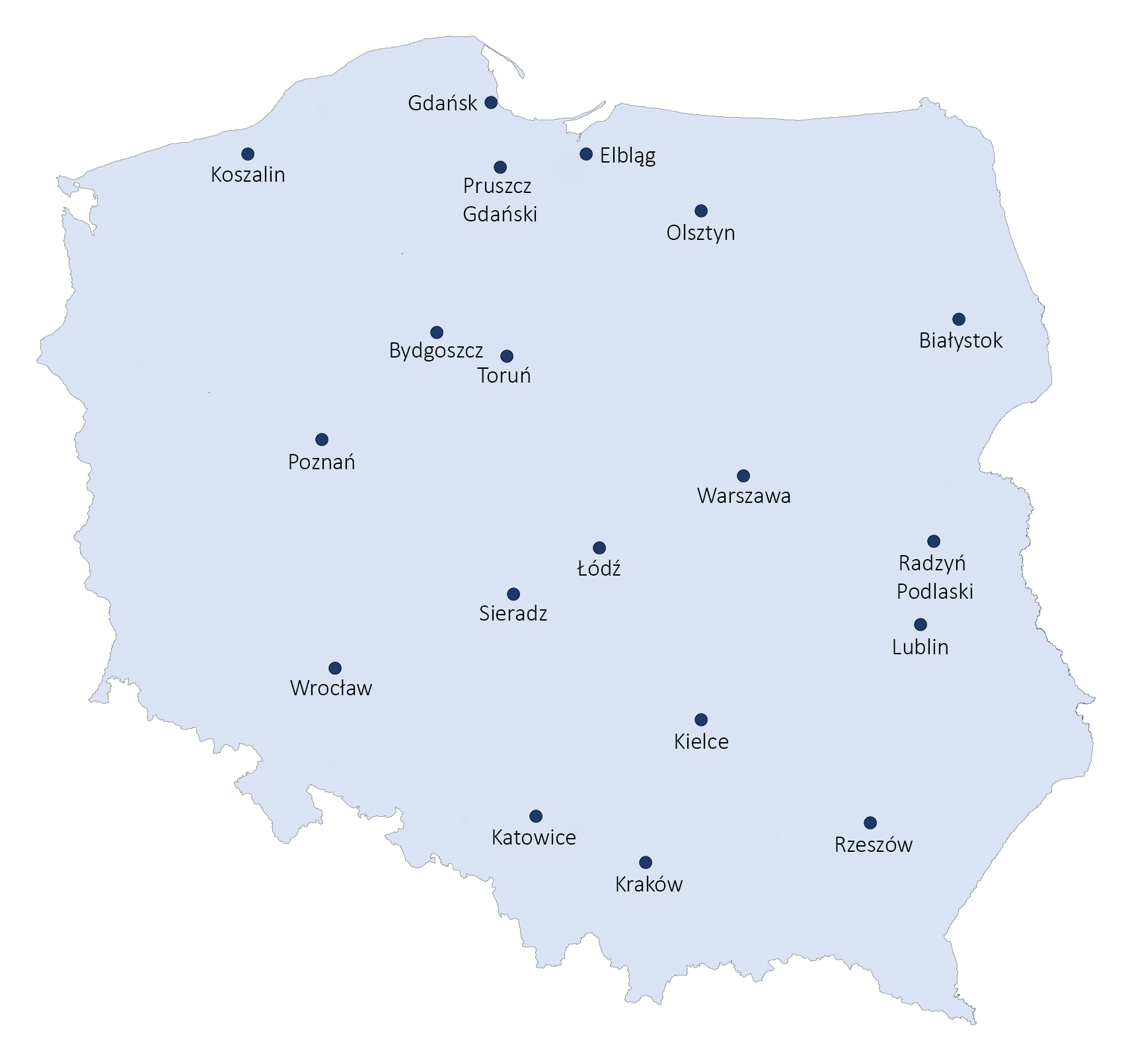 Mapa Polski z zaznaczonymi miastami gdzie zlokalizowane są jednostki laboratoryjne