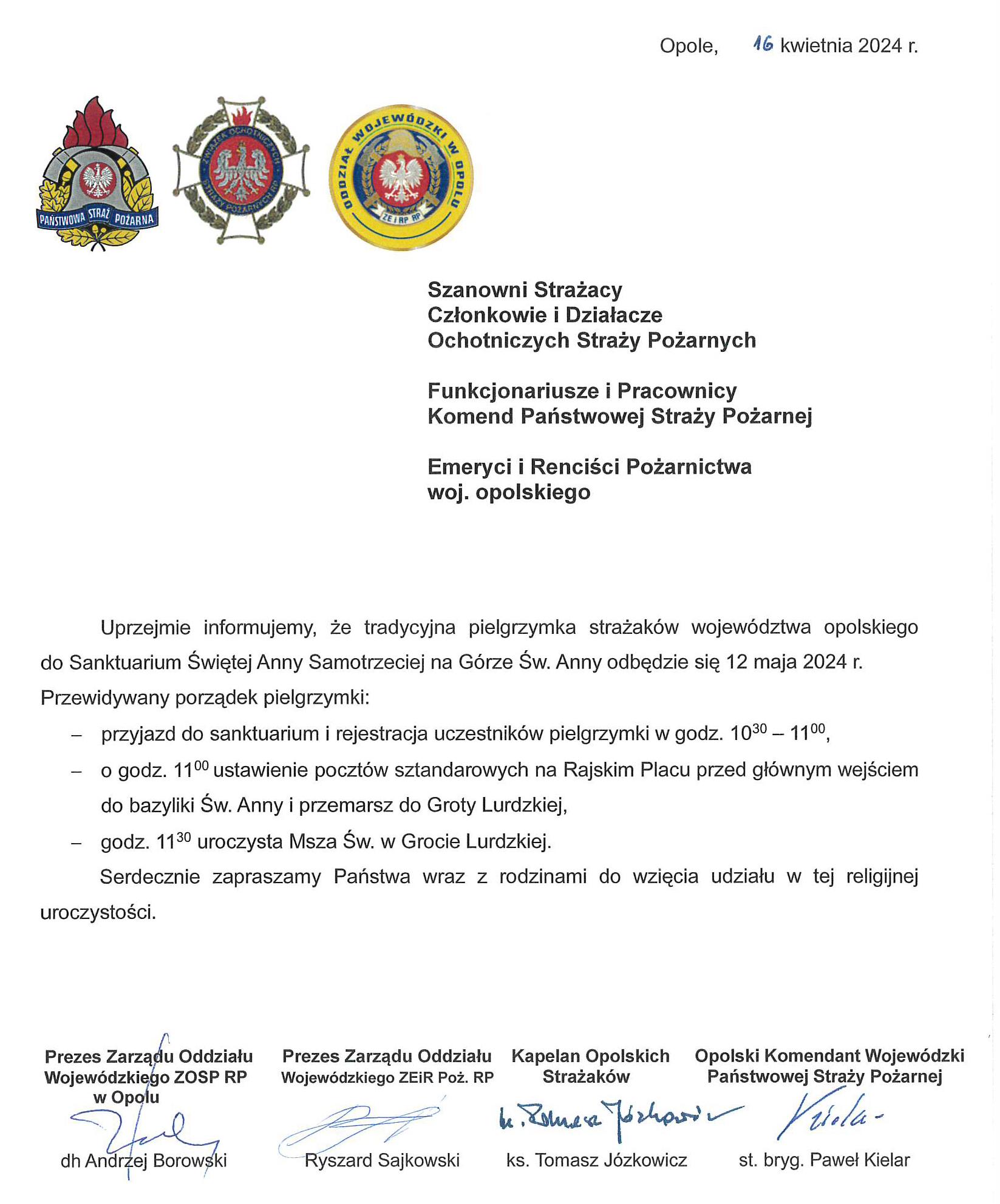 Zaproszenie na tradycyjną pielgrzymkę strażaków województwa opolskiego do Sanktuarium Świętej Anny Samotrzeciej na Górze Św. Anny 