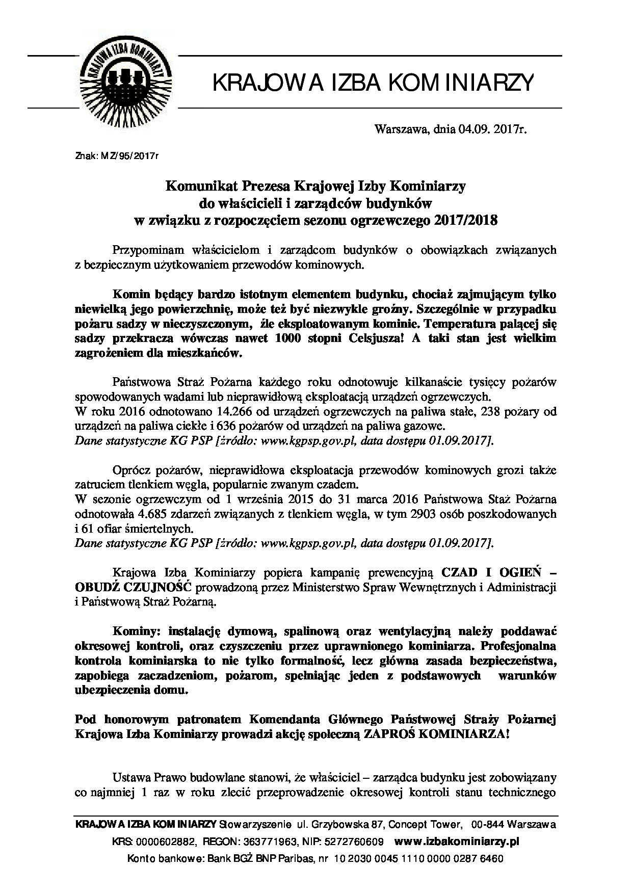 Komunikat Prezesa Krajowej Izby Kominarzy