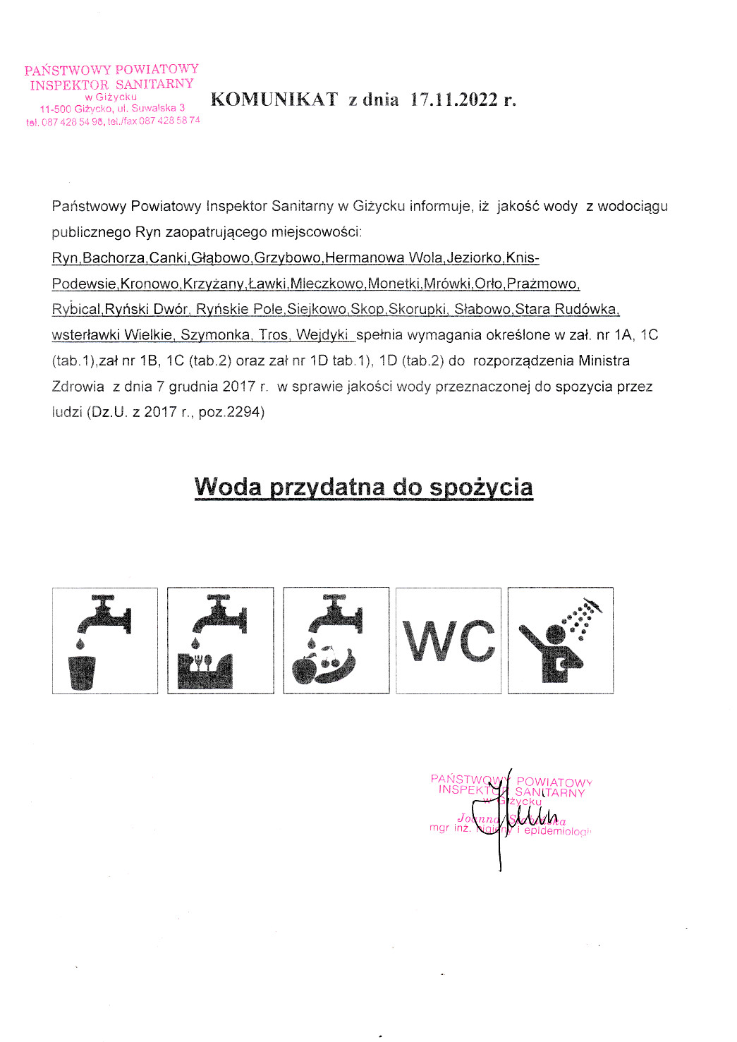 Komunikat z dnia 17.11.2022 r. (dot. wodociągu publicznego Ryn)