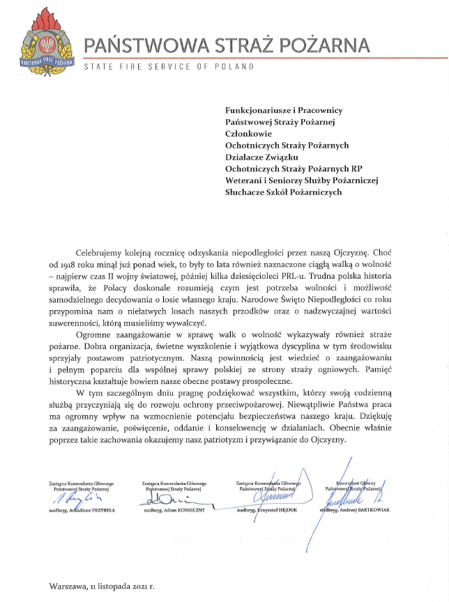 List Kierownictwa KG PSP z okazji Dnia Niepodległości