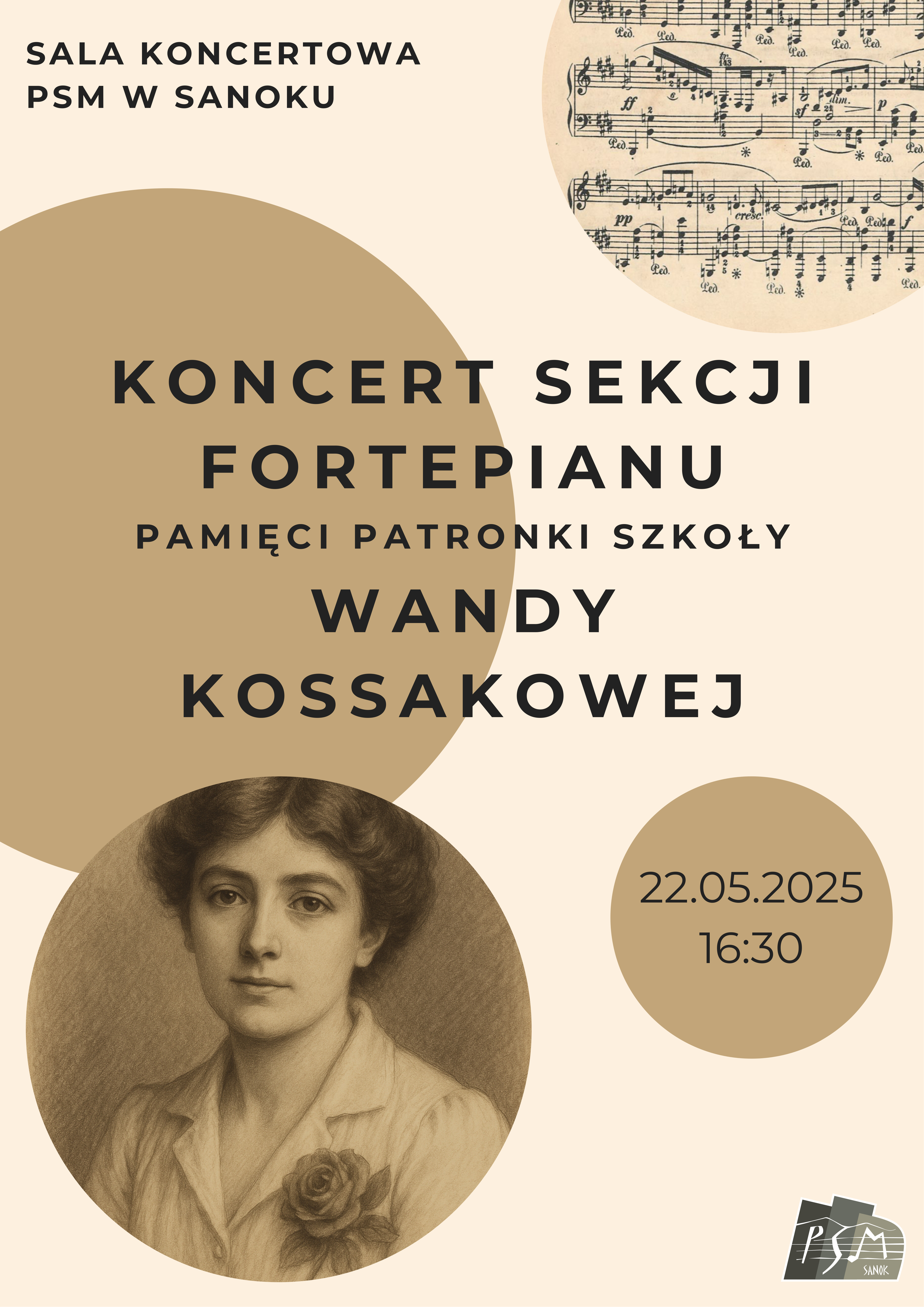 Plakat - koncert poświęcony pamięci Patronki Szkoły Wandy Kossakowej. Czarne litery na beżowym tle, w rogu nuty