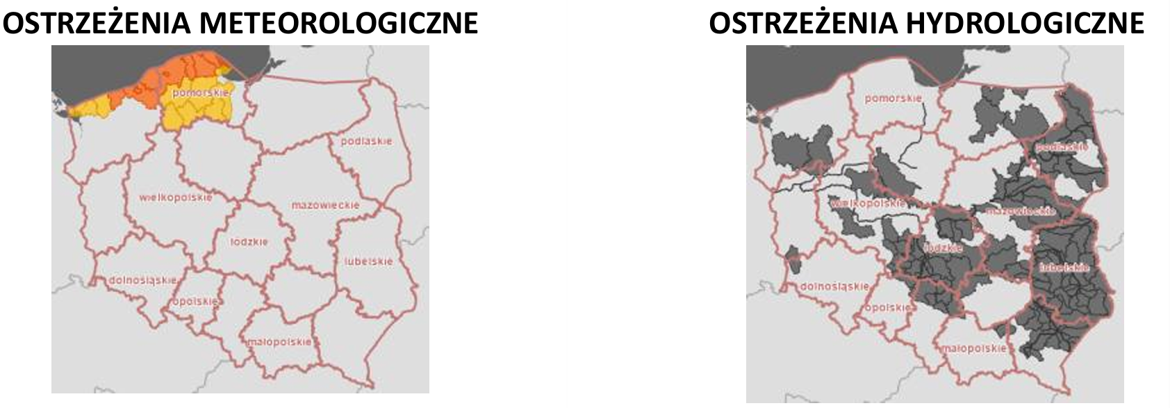 Ostrzeżenia meteorologiczne i hydrologiczne z podziałem na województwa - 3 lipca 2026. Kolor czerwony dla ostrzeżeń 3 stopnia, pomarańczowy dla 2 stopnia, żółty dla 1 stopnia, szary dla suszy, biały brak ostrzeżeń. 