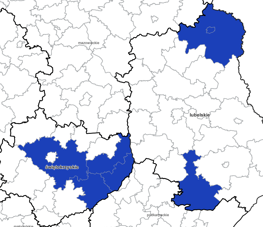 Ilustracja przedstawia obszary powiatów objętych aktualizacją zbiorów danych BDOT10k.