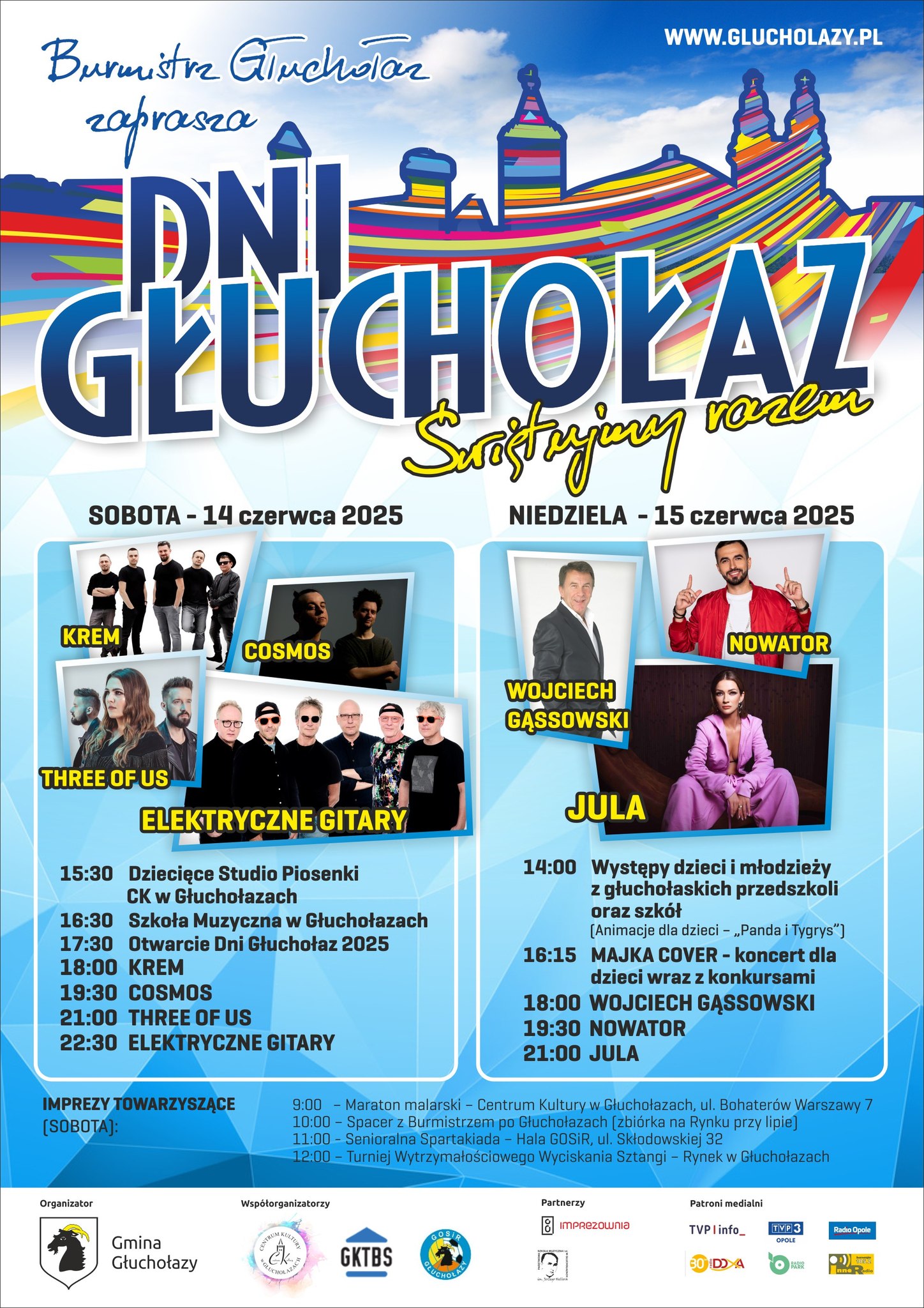 Plakat centralnie granatowe tło powyżej zarys budynku Głuchołazy w kolorach w podłużnych pasach powyżej zdjęcie nieba z chmurami napis burmistrz Głuchołaz zaprasza dni Głuchołaz świętujmy razem centralnie purpurowe koło napis: sobota 14 czerwca 2025 oraaz niedziela 15 czerwca 2025 poniżej zdjęcia z nazwami zepołów: Krem, Cosmos, Three of Us, Elektryczne Gitaary, Wojciech Gąsowski, Nowator, Jula, Poniżej 15.30 Studio poisenki Głuchołazy, 16.30 Szkoła Muzyczna, 17.30 Otwarcie Dni Głuchołaz, 18.00 Krem, 19.30 Cosmos, 21.00 Three of us, 22.30 Elektryczne Gitary, Niedziela 15 czerwca: 14.00 Szkoły i przedszkola,16.15 Majka Cover, 18.00 W. Gąssowski, 19.30 Nowator, 21.00 Jula. oniżej na białym tle logo organizatorów gmina Głuchołazy współorganizatorzy GOSiR GKTBS GOSiR oraz logo partnerów, w tym szkoły muzycznej w Głuchołazach oraz partnerów medialnych - radio DOXA, TVP Info, Radio opole