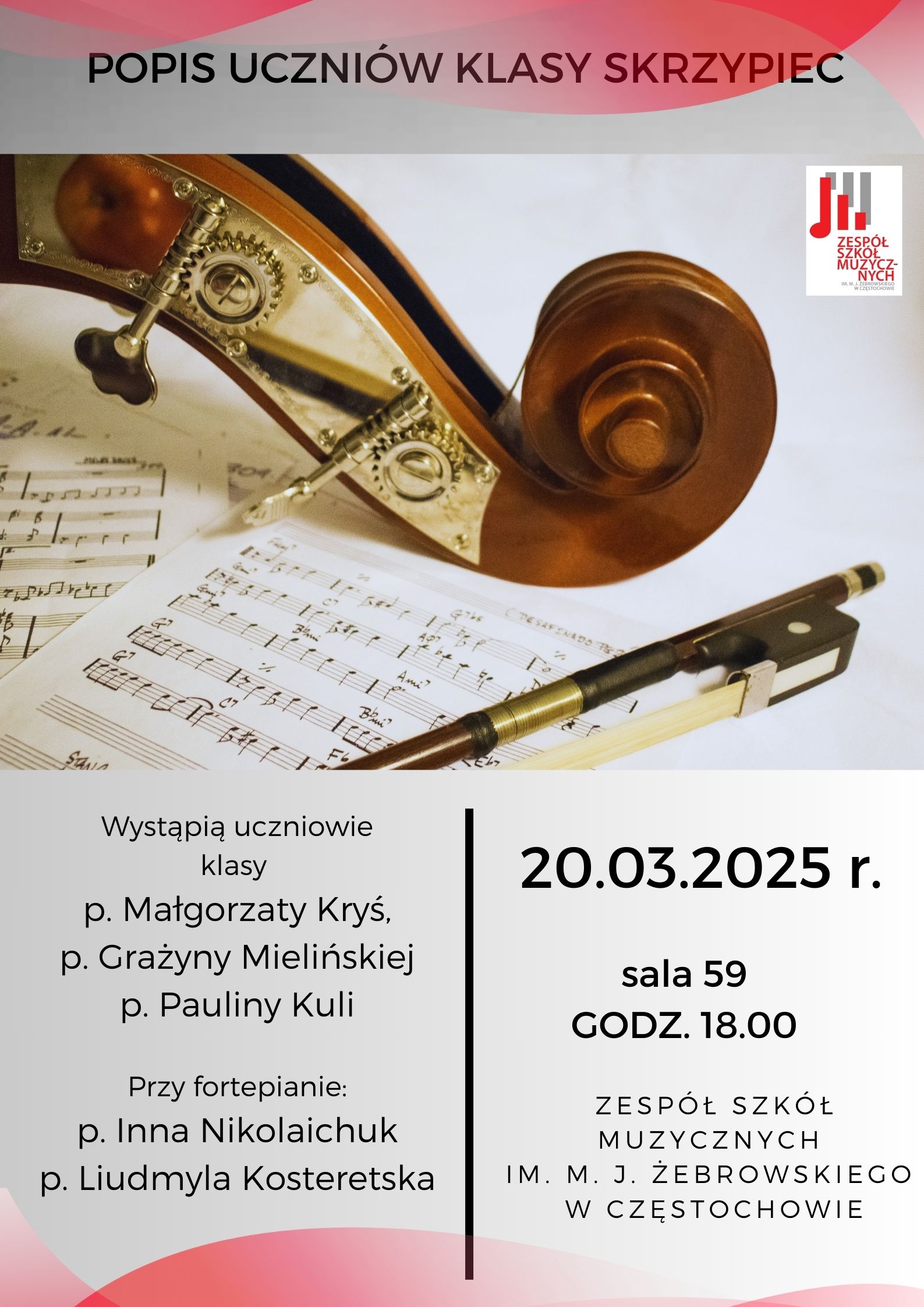 Różowo szare tło z motywem skrzypiec, tekst dotyczący popisu klasy skrzypiec 20 marca 2025 r.