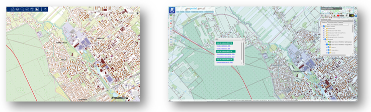 Ilustracja przedstawia zaktualizowany zbiór danych BDOT10k dla fragmentu powiatu żyrardowskiego w PortaluBDOT10k oraz w usłudze Baza Danych Obiektów Topograficznych.
