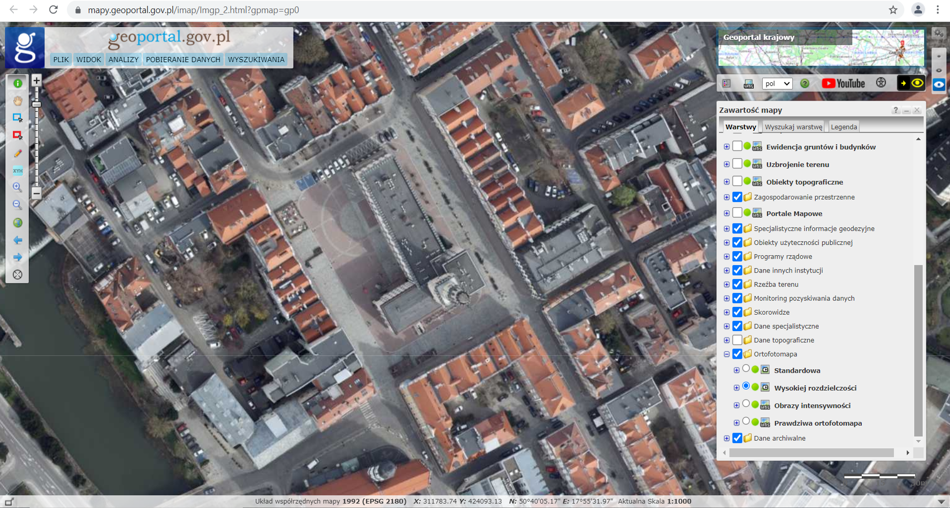 Ilustracja przedstawia zrzut ekranu z serwisu www.geoportal.gov.pl przedstawiający miasto Opole w usłudze Ortofotomapa Wysokiej Rozdzielczości