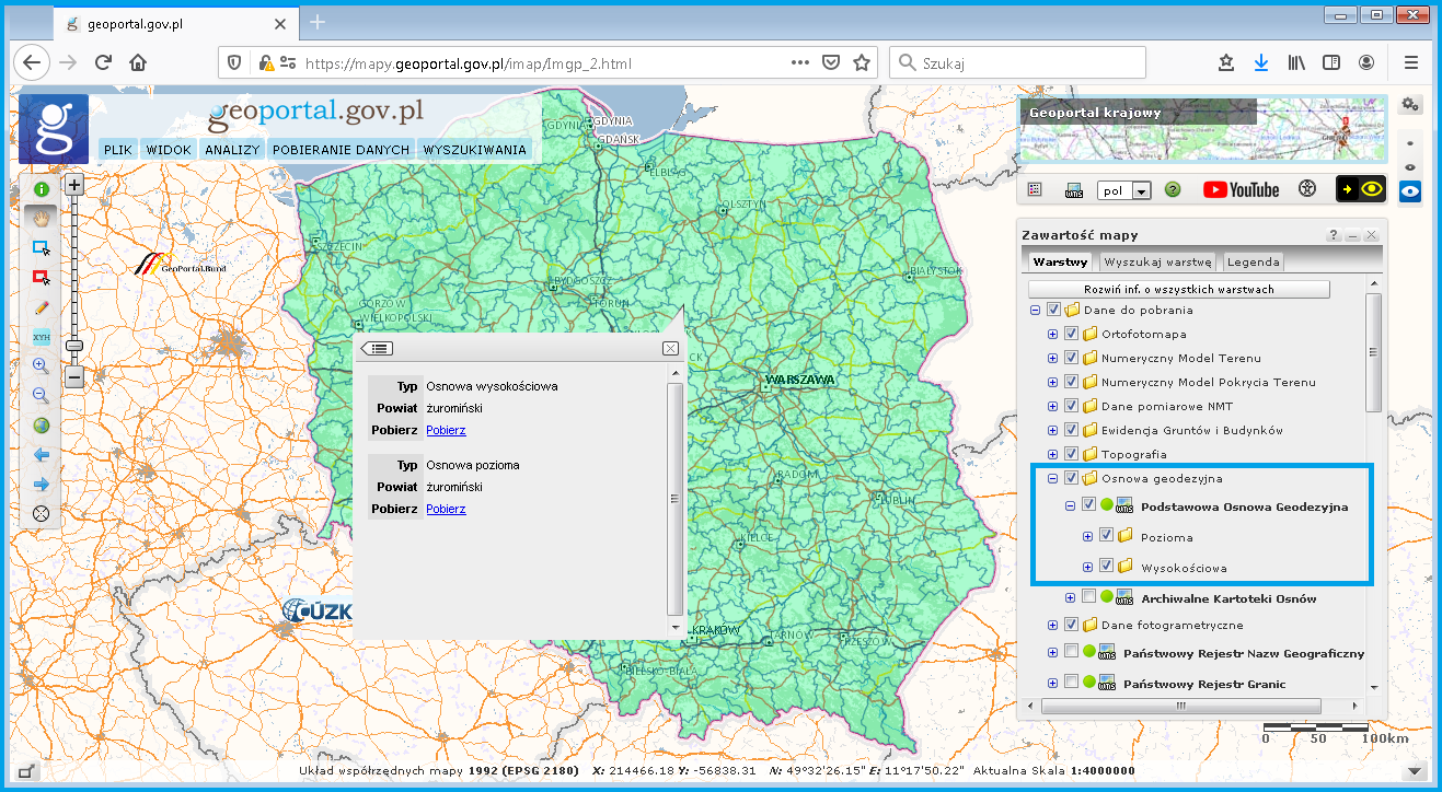 Ilustracja przedstawia widoczność warstwy pobierania paczek podstawowych osnów geodezyjnych w serwisie mapowym geoportal.gov.pl.