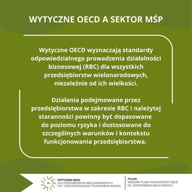Grafika informacyjna: Wytyczne OECD a sektor MŚP. Tekst: Wytyczne OECD wyznaczają standardy odpowiedzialnego prowadzenia działalności biznesowej dla wszystkich przedsiębiorstw wielonarodowych, niezależnie od ich wielkości. Działania podejmowane przez przedsiębiorstwa w zakresie należytej staranności powinny być dostosowane do poziomu ryzyka i dostosowane do szczególnych warunków i kontekstu funkcjonowania przedsiębiorstwa.