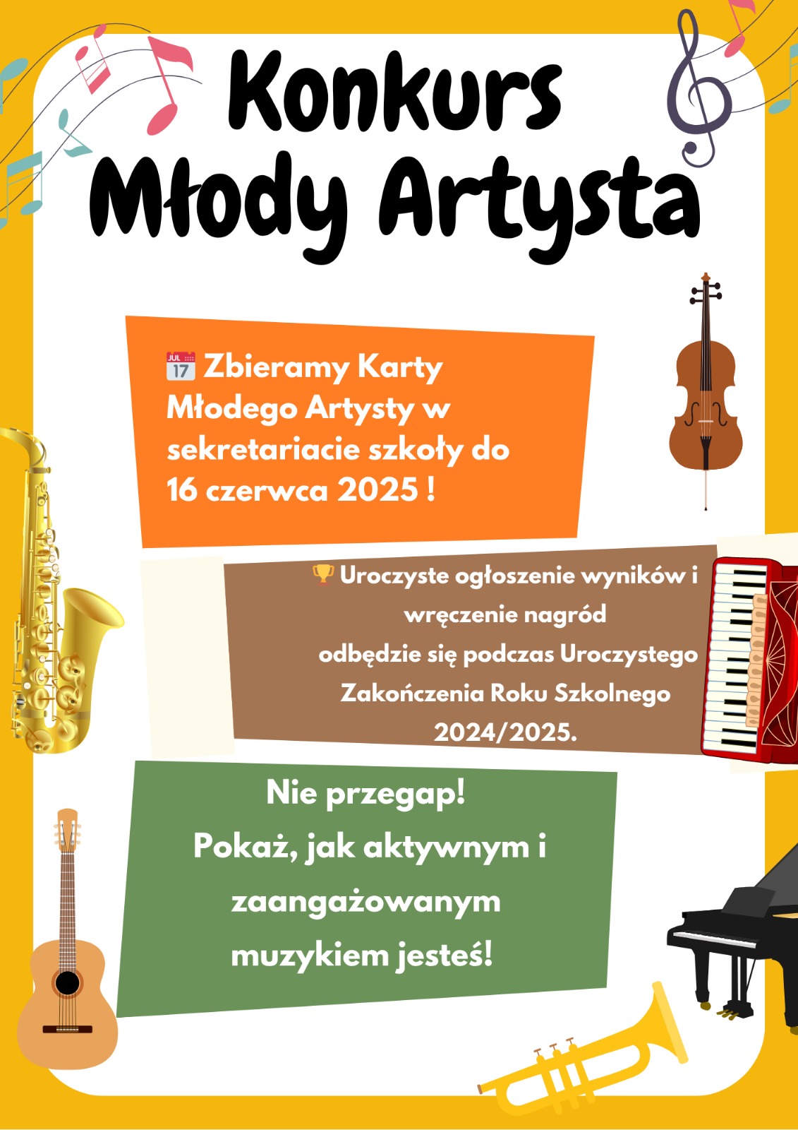 Plakat na kolorowym tle z informacjami dotyczącymi konkursu młody artysta