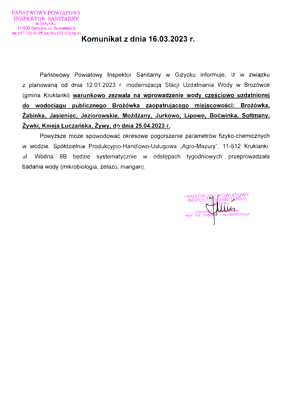 Komunikat z dnia 16.03.2023 r. (dot. wodociągu publicznego Brożówka)
