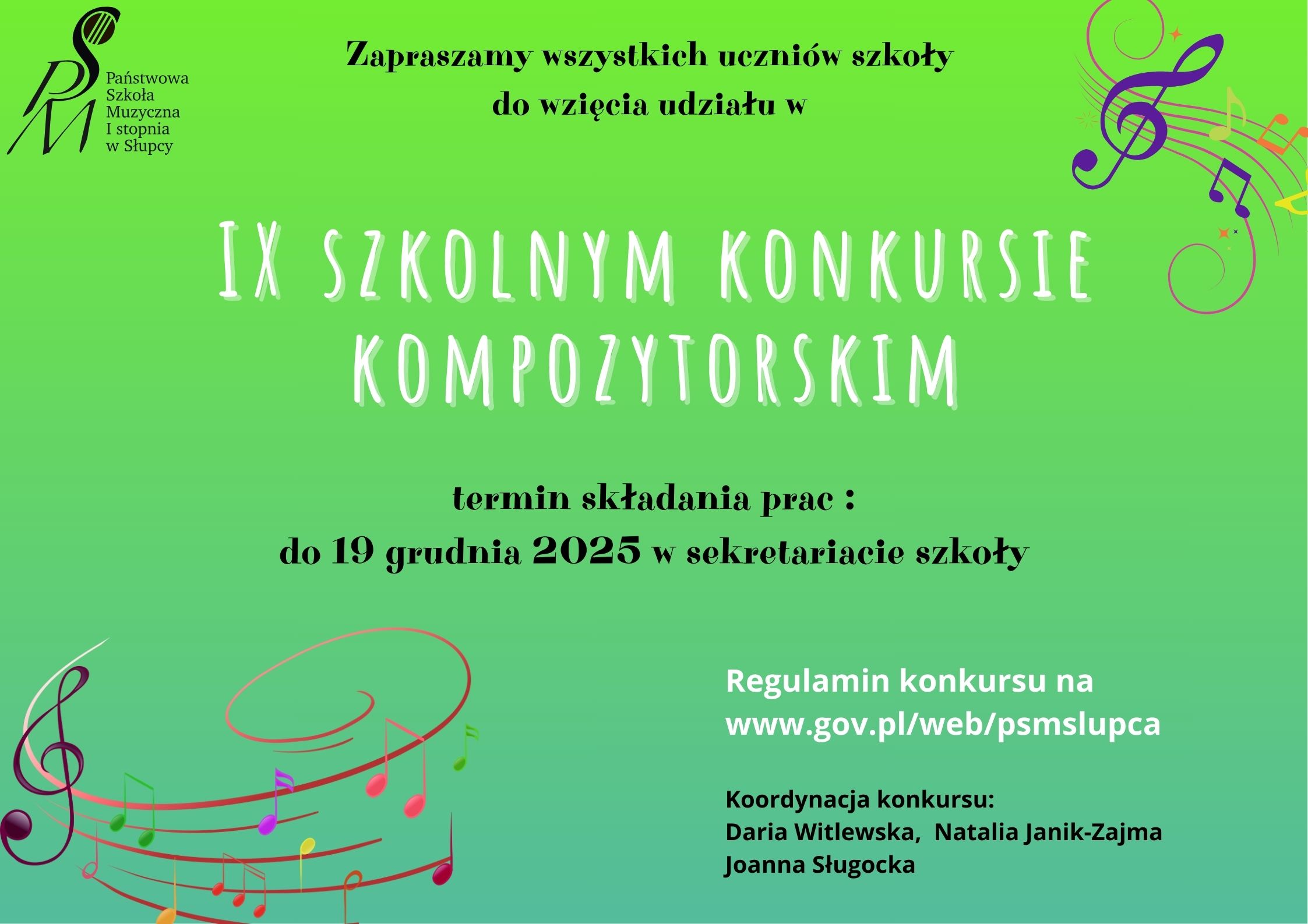 informacje o konkursie, w narożnikach kolorowa grafika pięciolinii z nutami i logo szkoły, jasnozielone tło