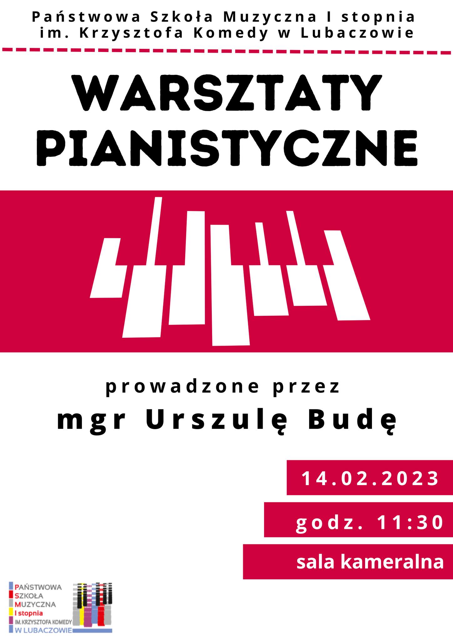 Plakat warsztatów pianistycznych na białym tle z elementem graficznym klawiatury fortepianu na środku, logo szkoły w lewym dolnym roku informacją tekstową o warsztatach.