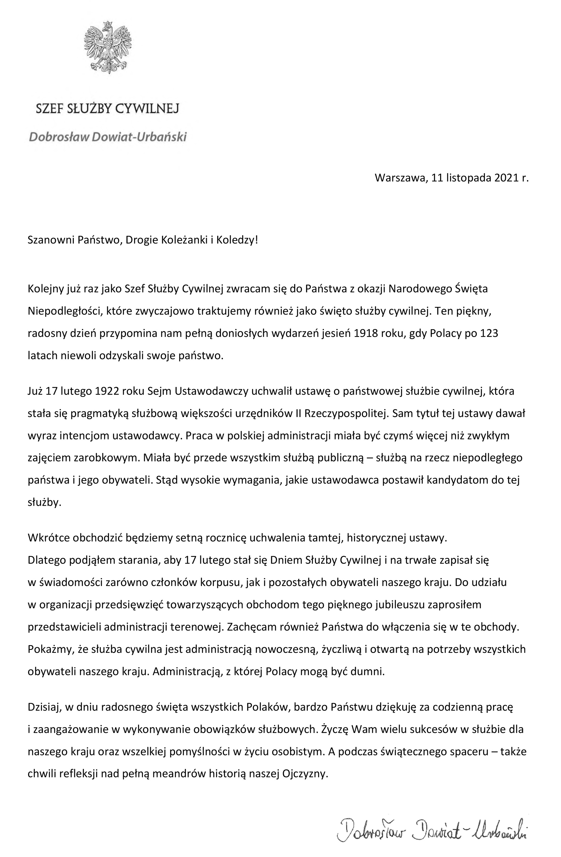 List Szefa Służby Cywilnej do członków korpusu służby cywilnej
