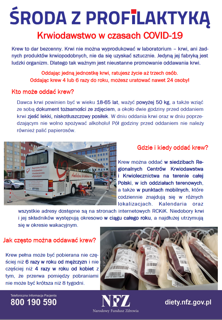 Środa z profilakktyką - krwiodawstwo w czasach COVID-19