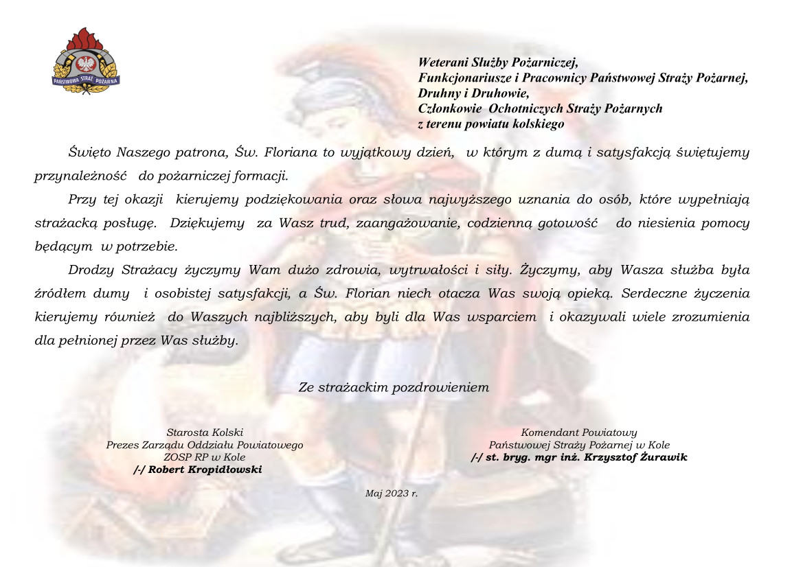 ŻYCZENIA KOMENDANTA POWIATOWEGO PSP W KOLE