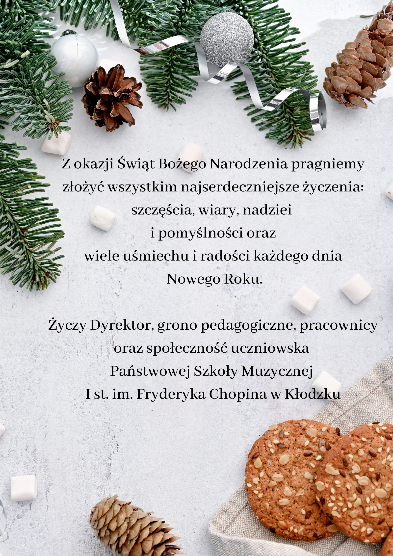 Plakat na szarym tle z grafiką szyszek i gałązek choinki oraz tekstem z życzeniami świątecznymi