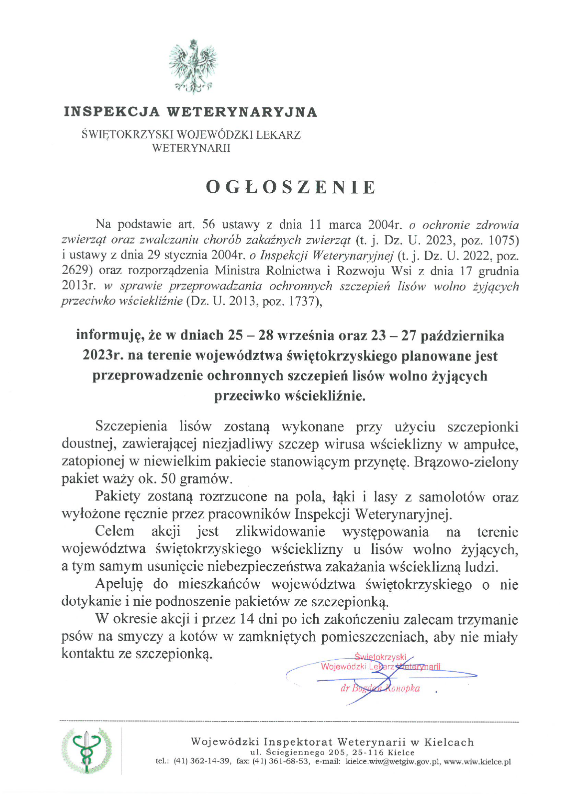 ogłoszenie szczepienie lisów 2023 